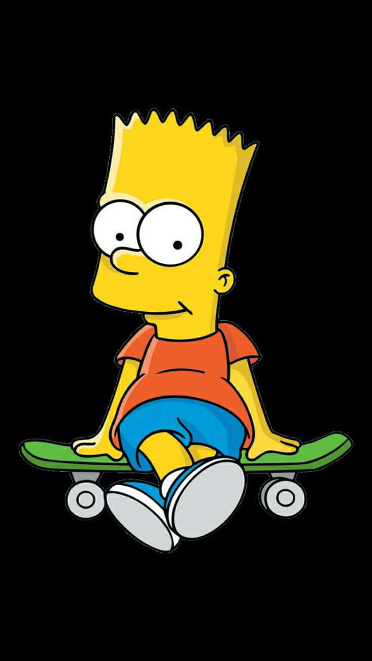 Bart Simpson Weed 桌布 壁紙 — 巴特·辛普森隨意地坐在綠色滑板上，背景是純黑色，他標誌性的尖刺黃色頭髮和頑皮的笑容。