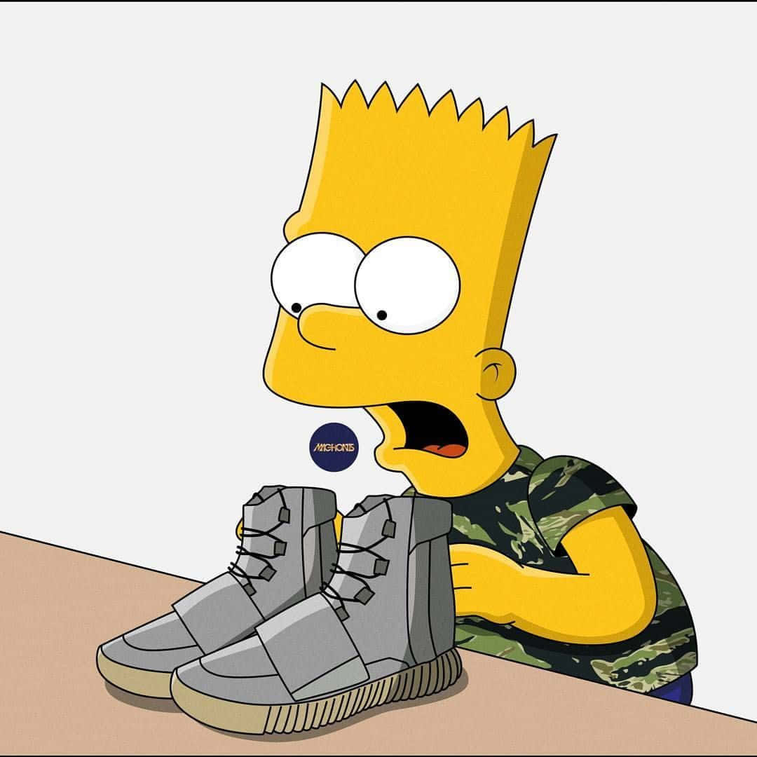 Dope Simpsons 桌布 壁紙 — 巴特·辛普森震驚地盯著一雙灰色高筒運動鞋，表情驚訝。