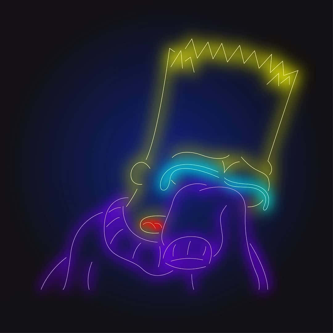 sadness 桌布 壁紙 — 巴特·辛普森頭部的霓虹輪廓在深色背景上發出黃色、綠色、藍色和紫色的光芒。