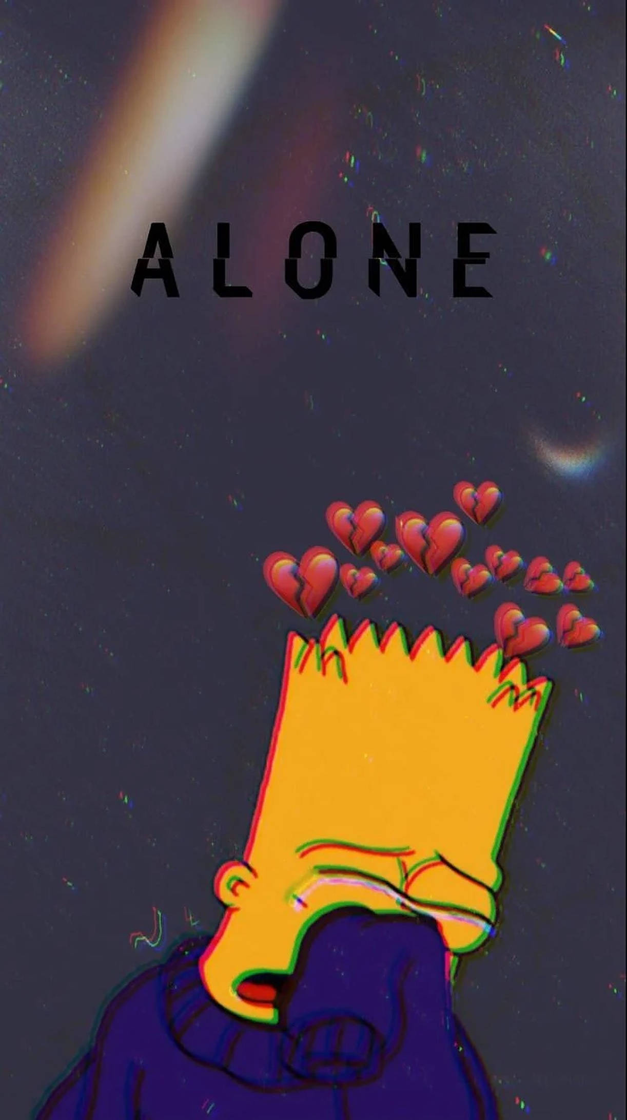 Simpson 桌布 壁紙 — 巴特·辛普森頭頂上漂浮著破碎的心，背景是繁星點點的夜空，並帶有「ALONE」字樣。