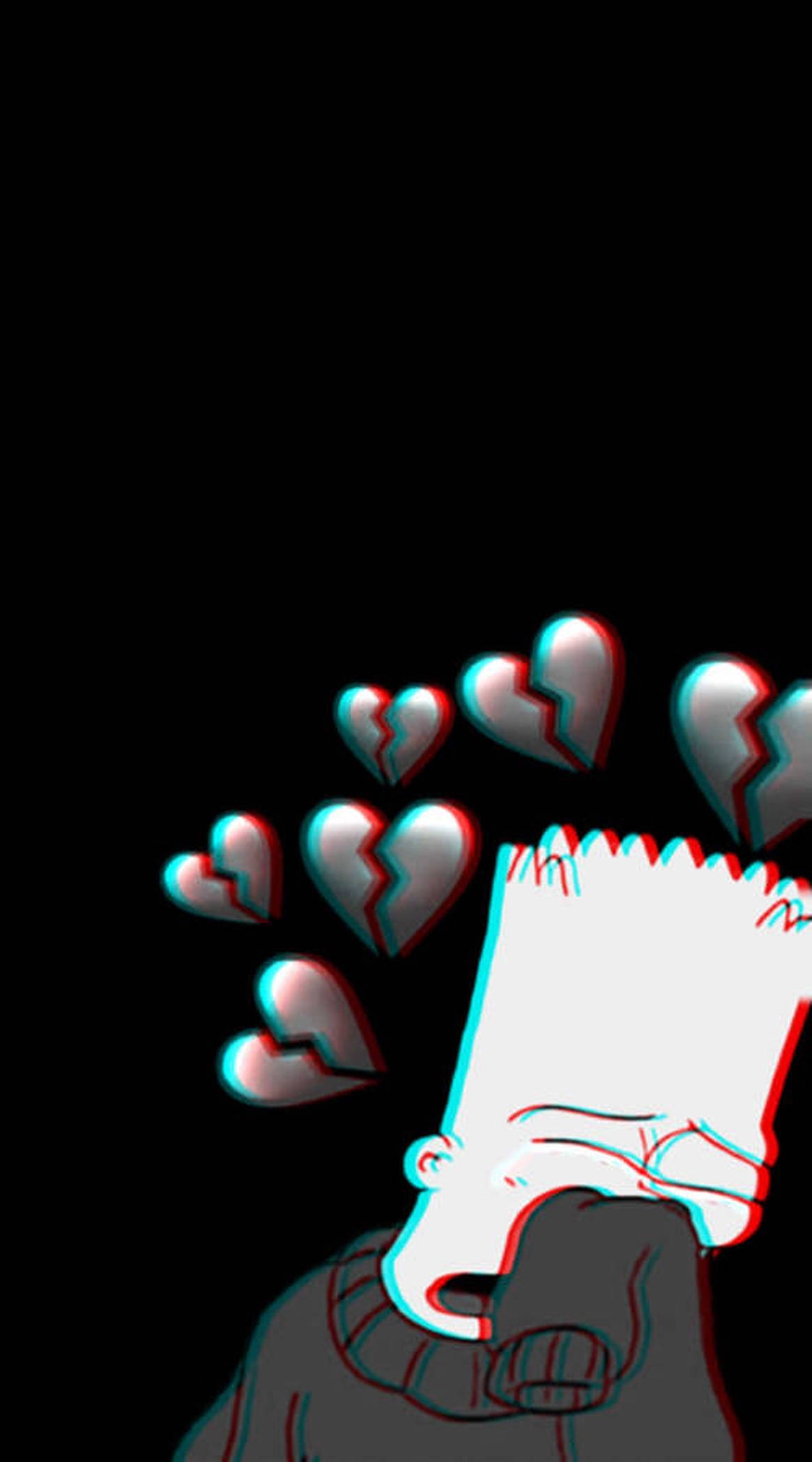 emo 頭像 桌布 壁紙 — 巴特·辛普森頭頂漂浮著破碎的心，以3D故障效果呈現，背景為黑色。