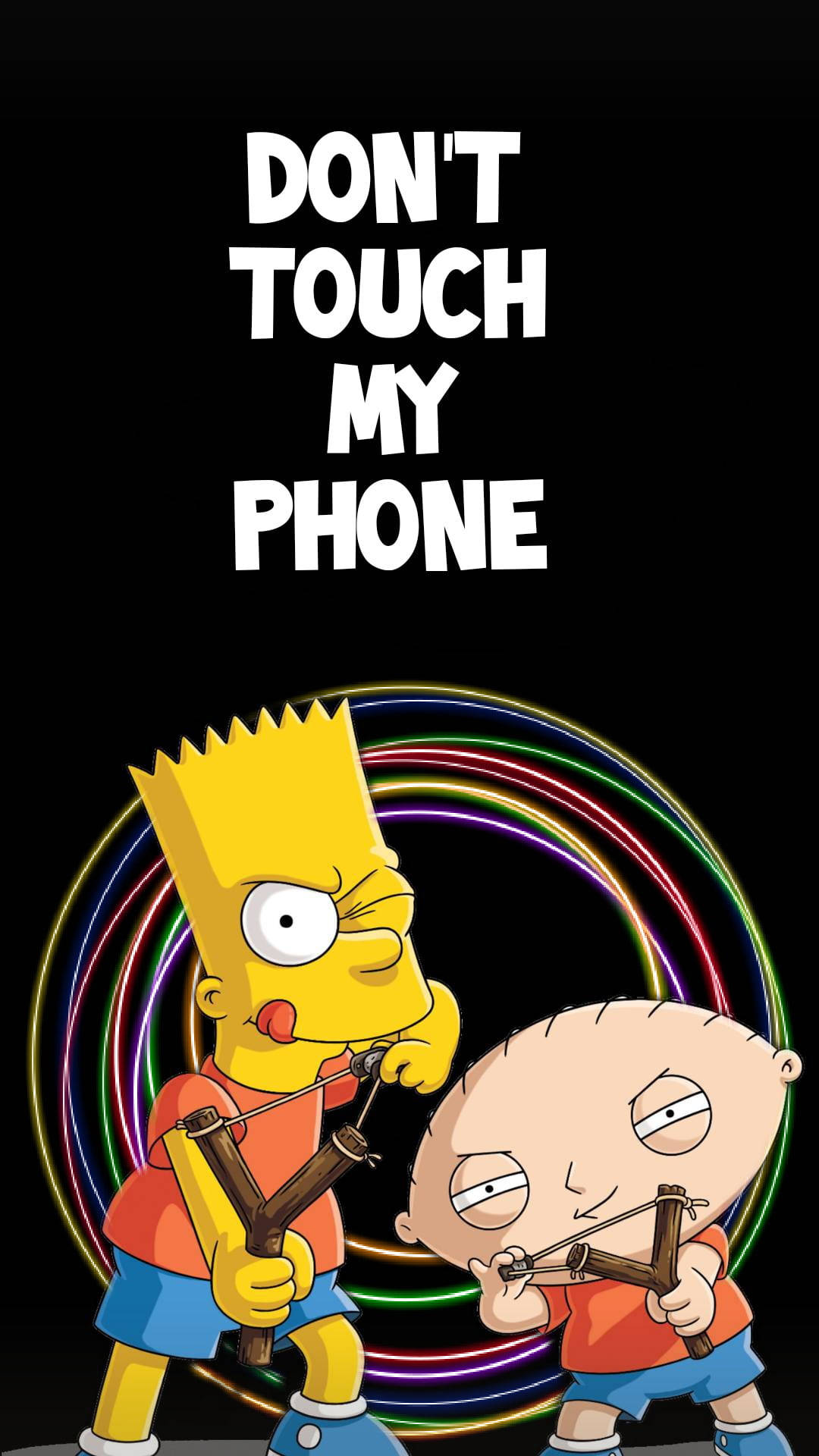 巴特和史提威·辛普森瞄準十字弓，帶有「Don't Touch My Phone」文字。