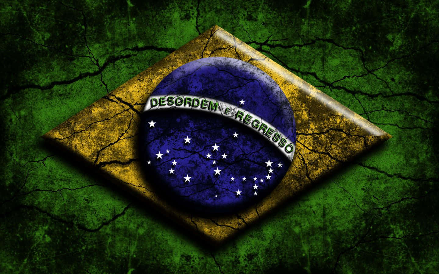 巴西 桌布 壁紙 — 巴西國旗，帶有「Desordem e Regresso」文字，背景為破裂的綠色。