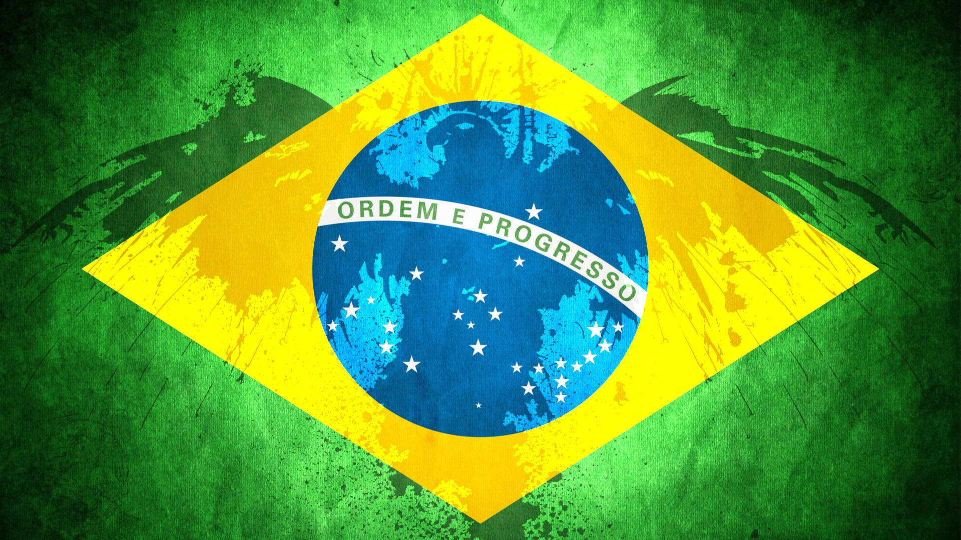 Brazil Flag 桌布 壁紙 — 巴西國旗，帶有磨損質感和油漆飛濺效果，背景為綠色。
