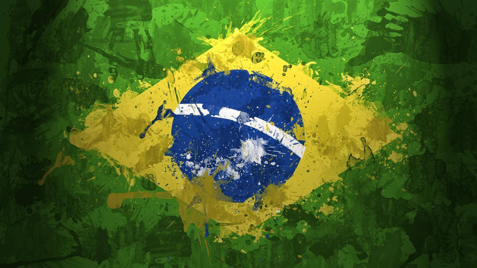 Brazil Flag 桌布 壁紙 — 巴西國旗以大膽的油漆飛濺效果呈現在帶有紋理的綠色背景上。