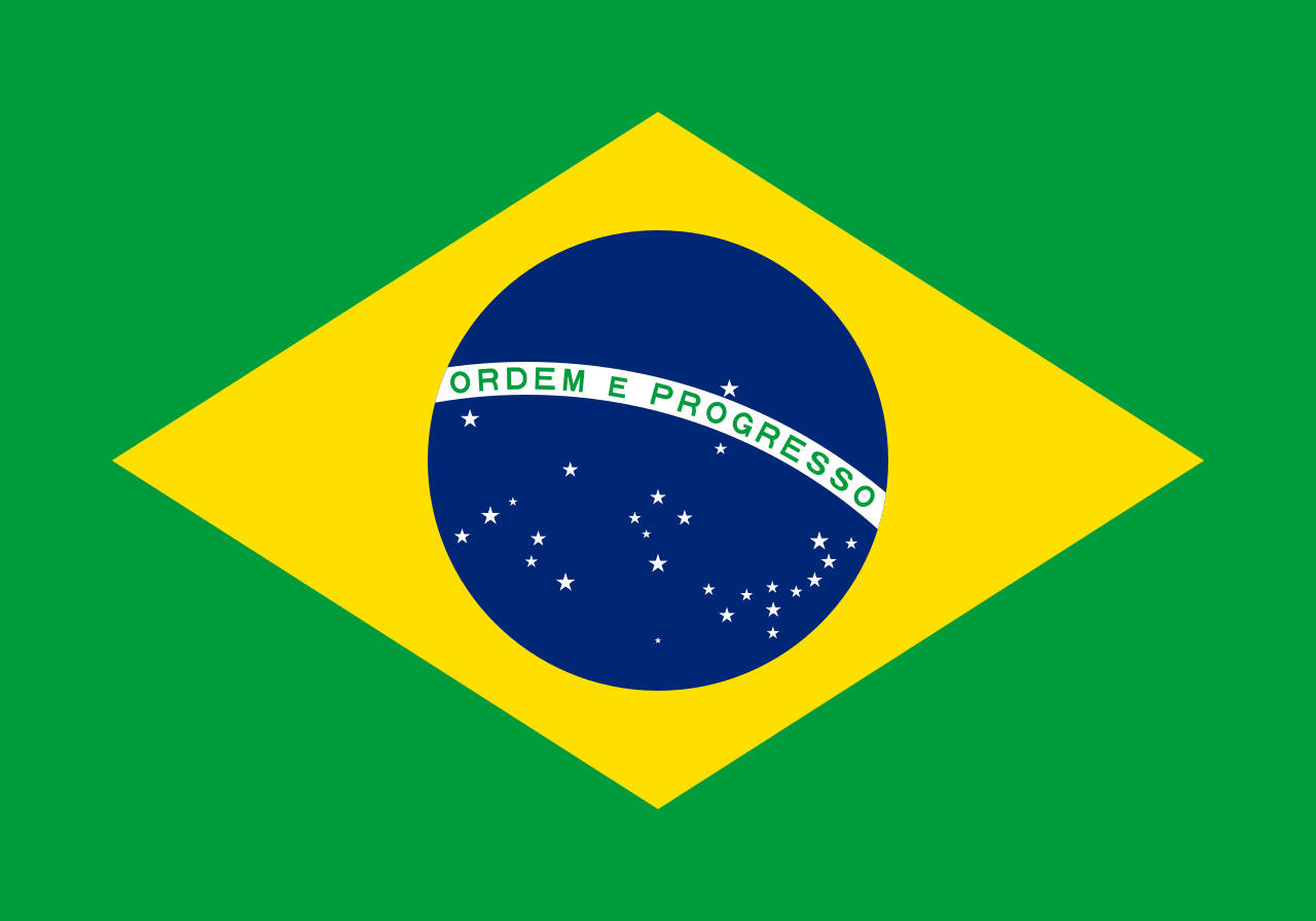 South America 桌布 壁紙 — 巴西國旗以綠色為底色，中央有一個黃色大菱形，內含一個藍色地球儀，上面有白色星星和格言「秩序與進步」。