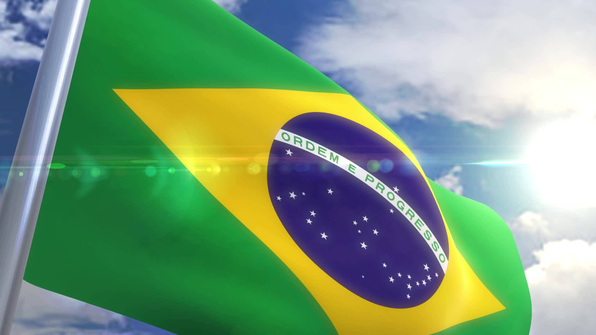 Brazil Flag 桌布 壁紙 — 巴西國旗在明亮的藍天、蓬鬆的白雲和太陽耀斑中自豪地飄揚。