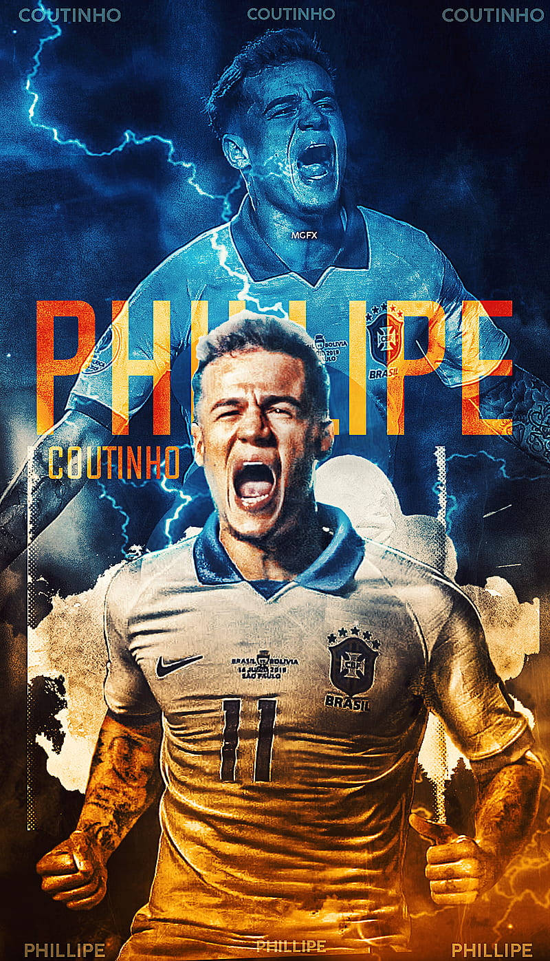 Coutinho 桌布 壁紙 — 巴西球衣的足球員菲利普·庫蒂尼奧的動態數位藝術肖像，帶有閃電效果和熾熱的橙色文字疊加。