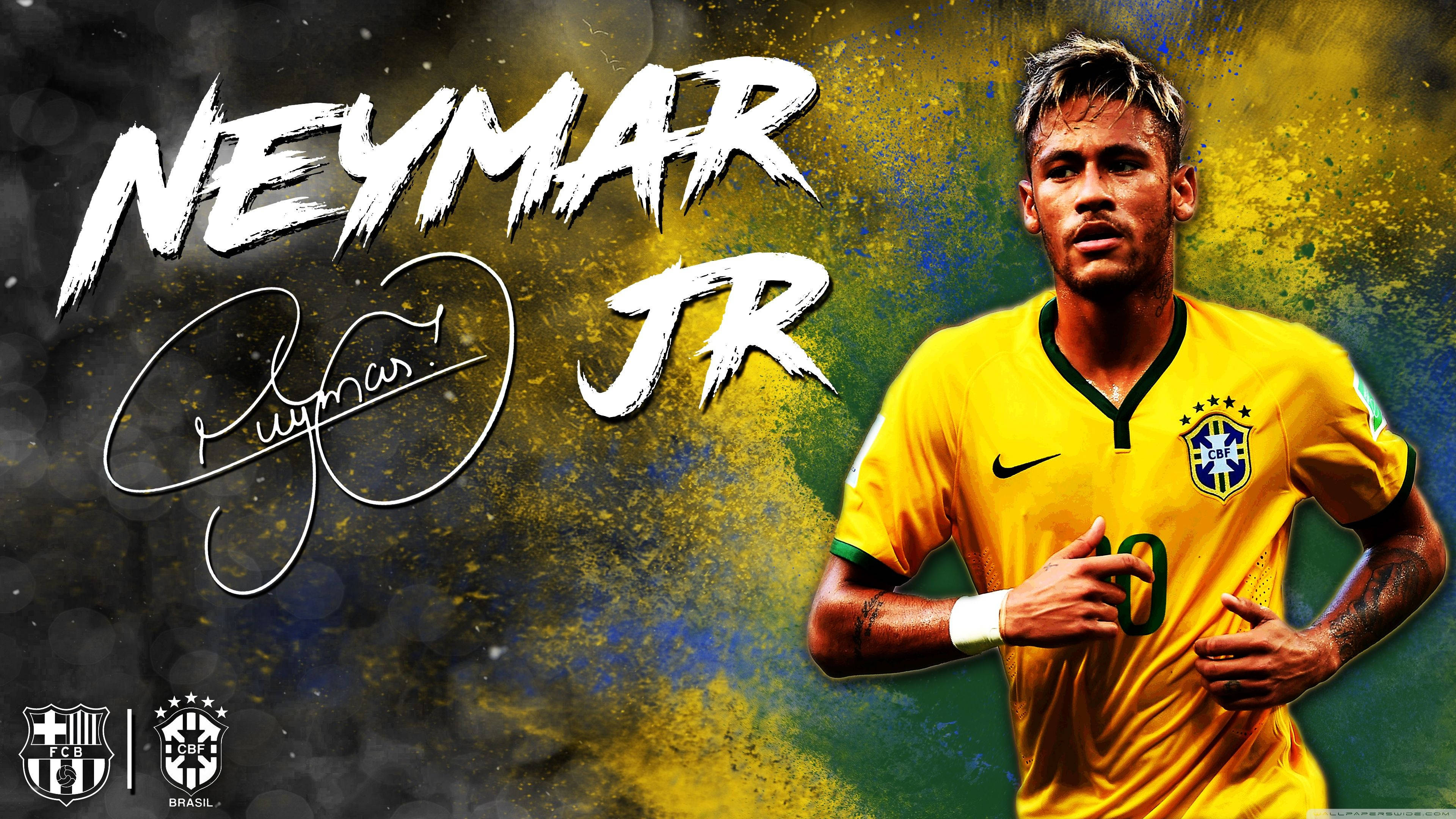 内马尔 桌布 壁紙 — 巴西足球巨星內馬爾(Neymar Jr)身穿黃色國家隊球衣，在充滿活力的抽象背景前擺姿勢，背景上有他的名字和簽名。