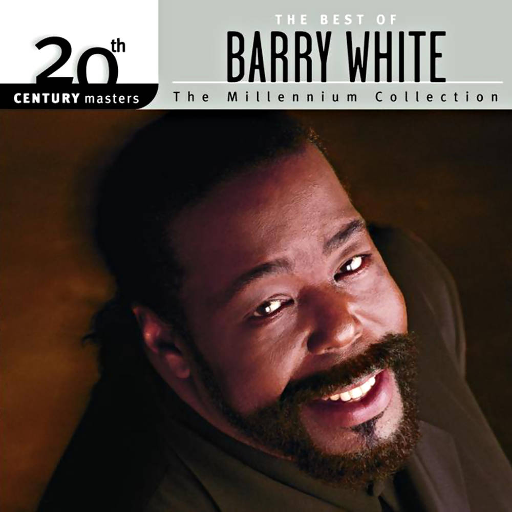 音樂 桌布 壁紙 — 巴里·懷特（Barry White）在柔和棕色背景上微笑的特寫肖像，帶有專輯標題文字疊加。