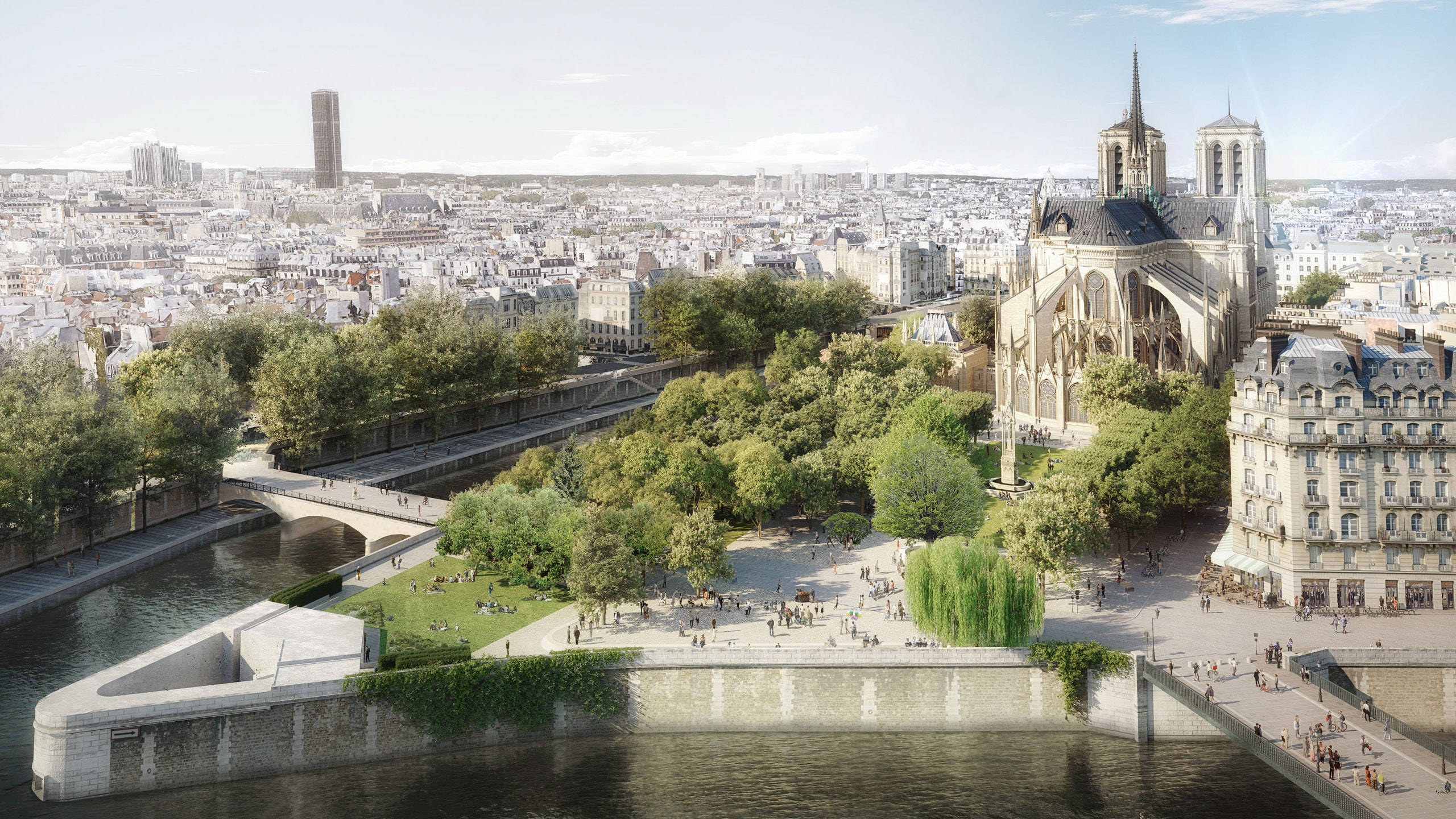 Notre Dame 桌布 壁紙 — 巴黎全景，展示塞納河旁的聖母院，周圍有茂密的綠化和歷史建築，天空明亮。