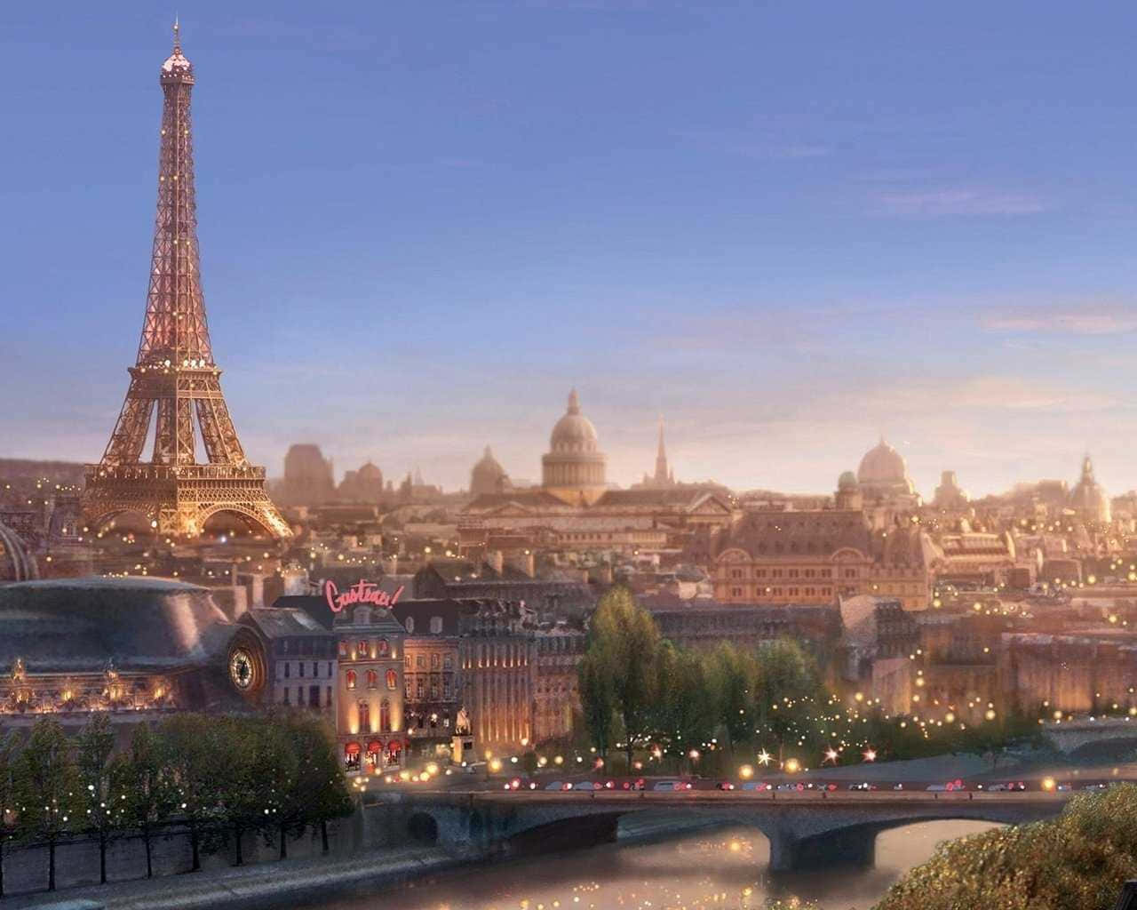Paris Desktop 桌布 壁紙 — 巴黎天際線在黃金時刻，艾菲爾鐵塔在柔和藍天下閃耀，塞納河倒映城市燈光。