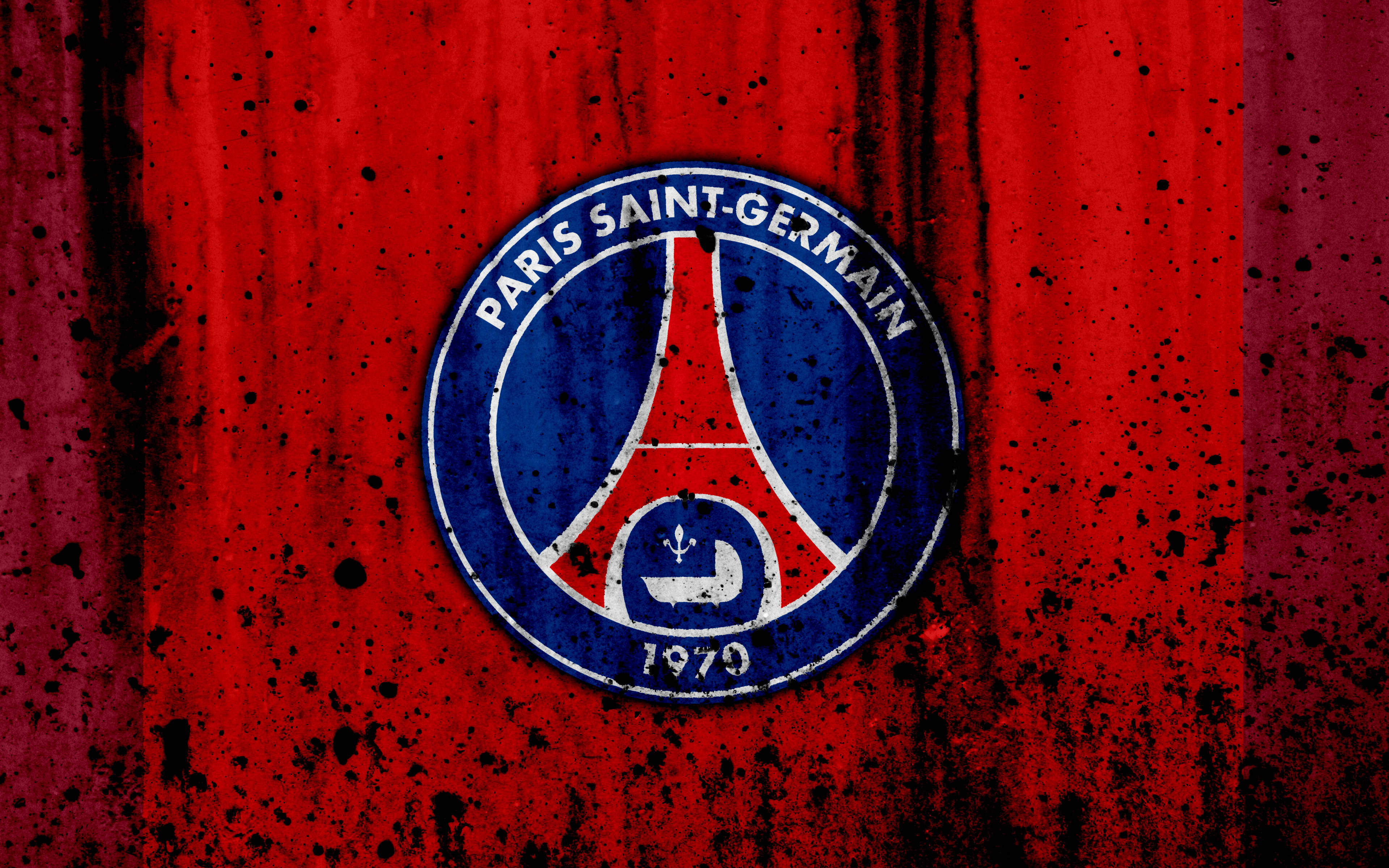 巴黎聖日耳曼 桌布 壁紙 — 巴黎聖日耳曼標誌，藍色、紅色和白色，位於紋理粗糙的紅色背景上，帶有黑色潑濺。
