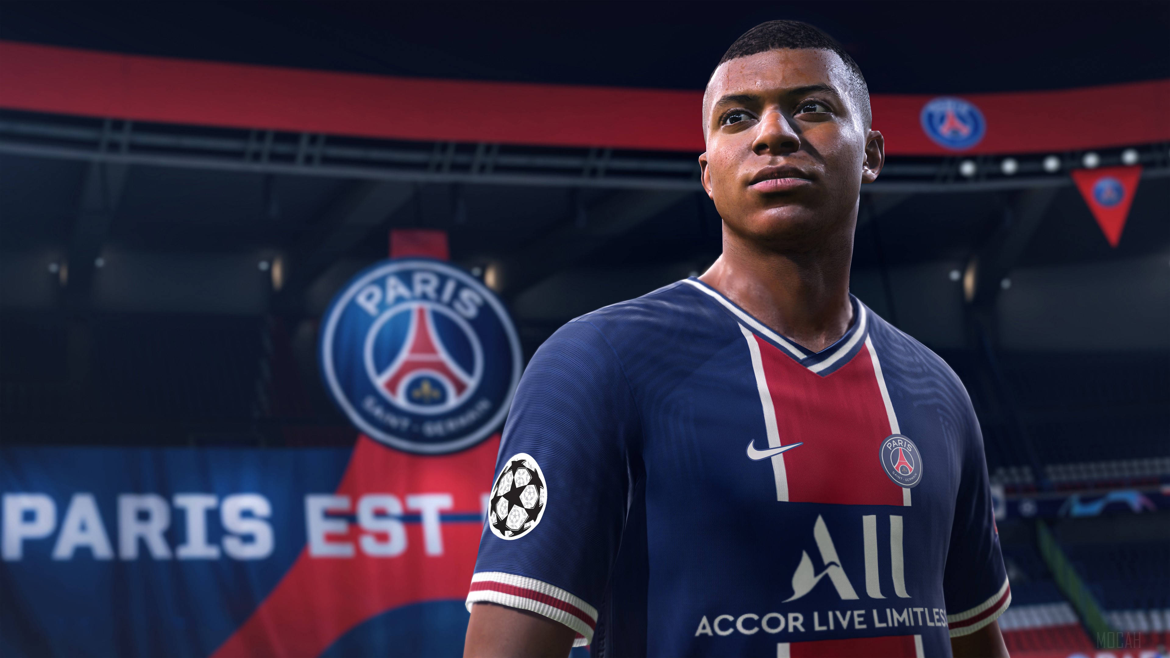 Kylian Mbappe 桌布 壁紙 — 巴黎聖日耳曼球衣的足球員數位渲染，站在球場上，背後可見球隊品牌。