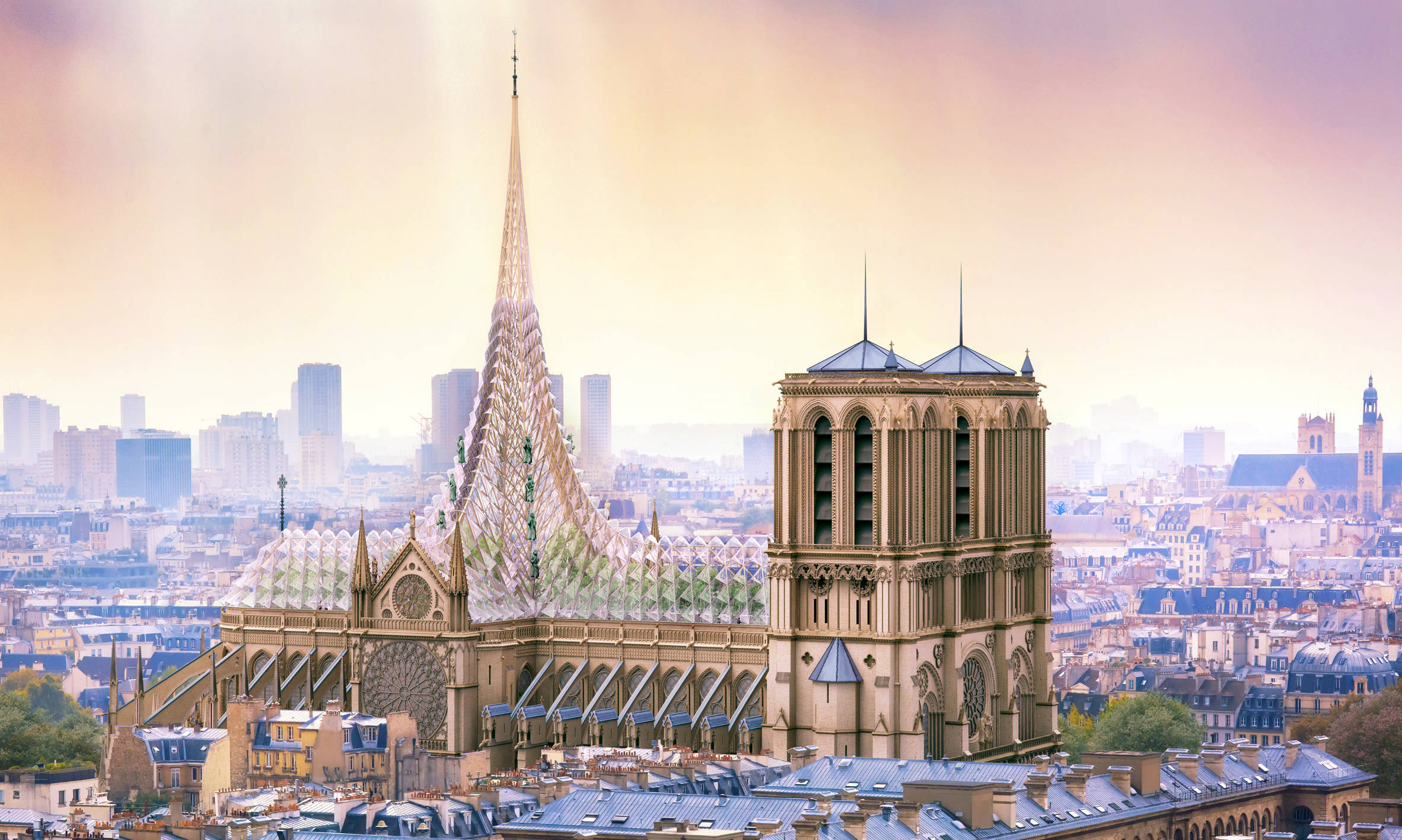 Notre Dame 桌布 壁紙 — 巴黎聖母院以其標誌性的尖頂和玫瑰窗，在柔和的金色天空下雄偉地矗立於城市景觀之上。