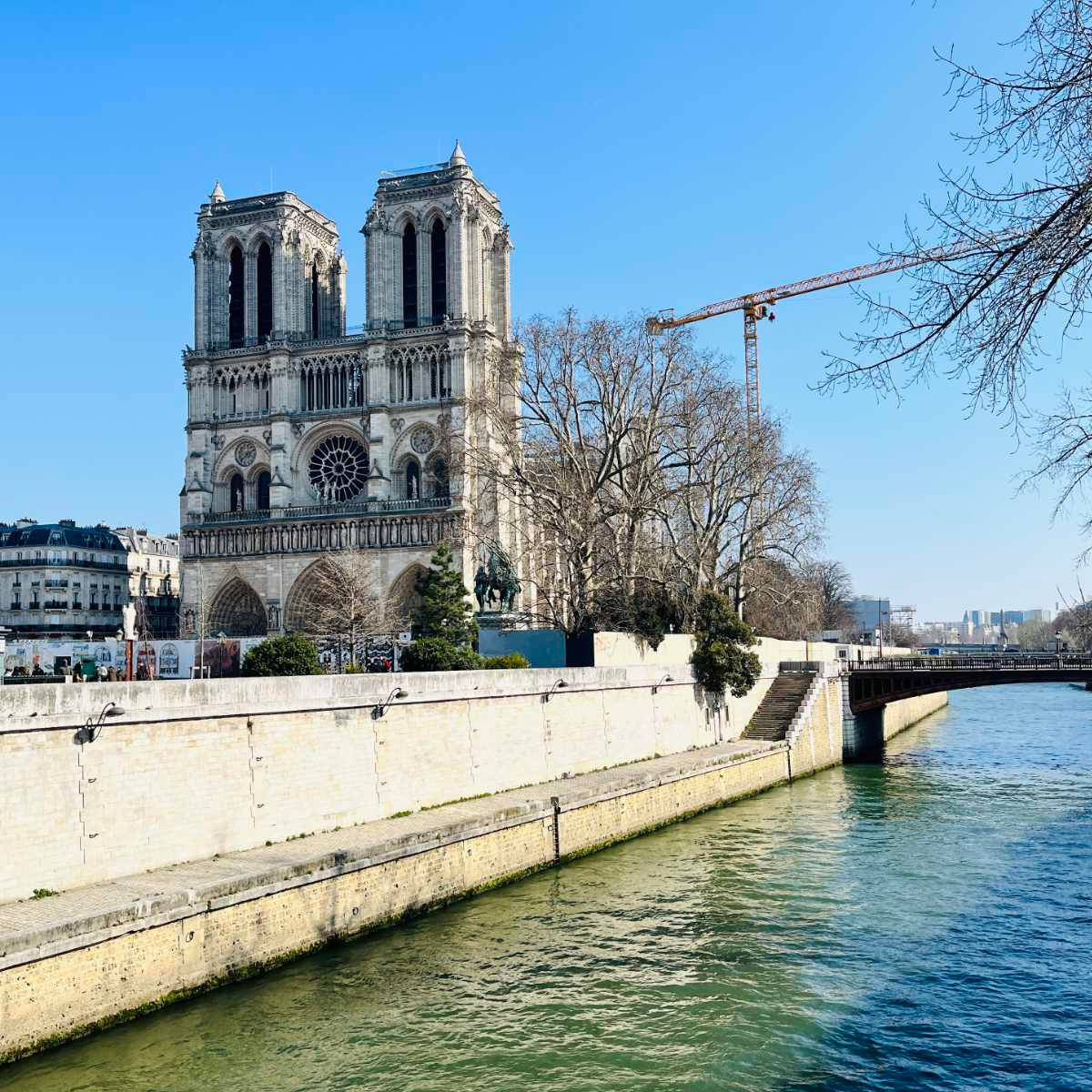 Notre Dame 桌布 壁紙 — 巴黎聖母院在晴朗的藍天下，矗立在塞納河畔，氣勢宏偉，附近有光禿禿的樹木和一座建築起重機。