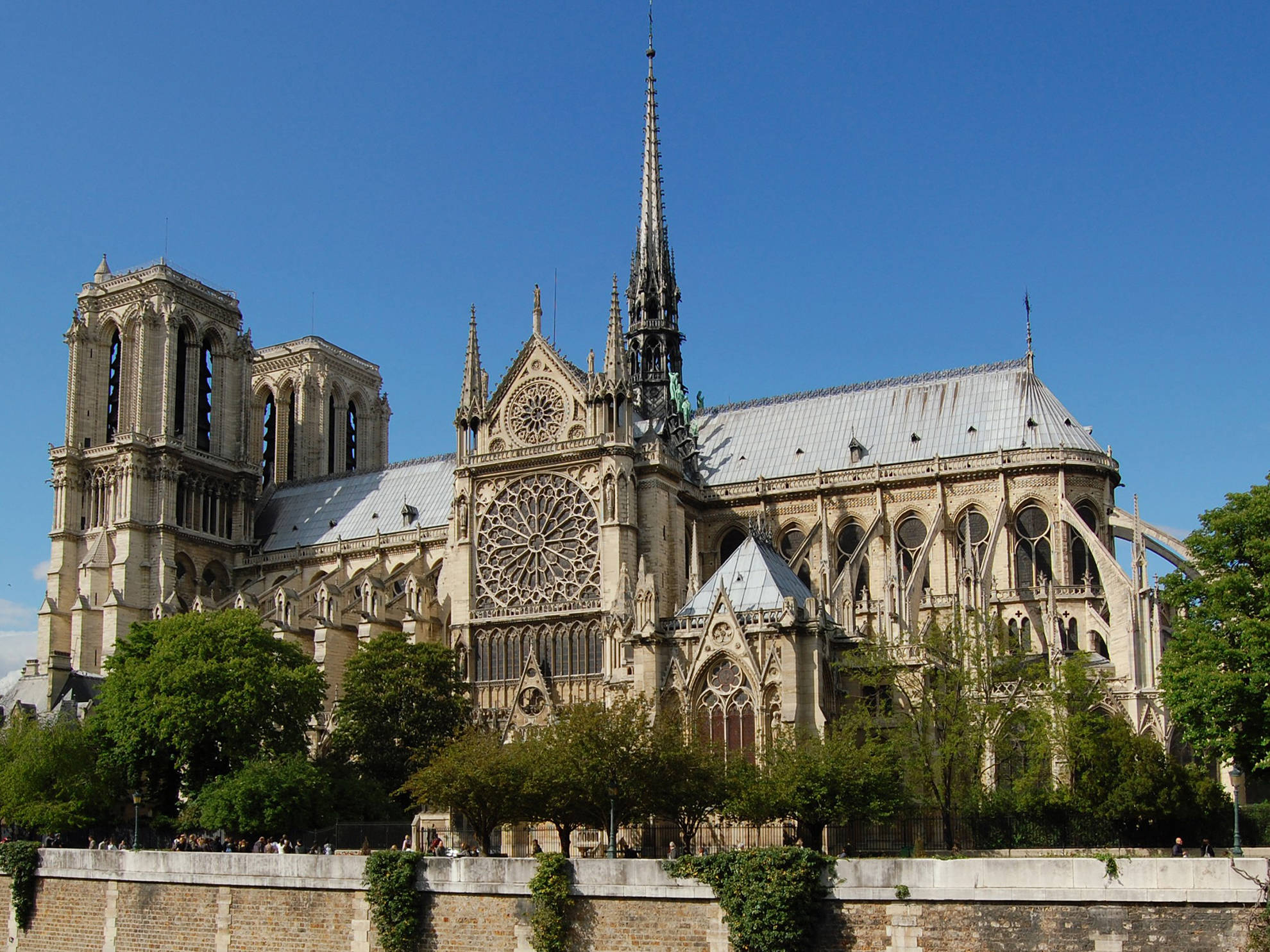 Notre Dame 桌布 壁紙 — 巴黎聖母院在晴朗的藍天下巍然聳立，鬱鬱蔥蔥的綠樹襯托著其複雜的哥德式建築。