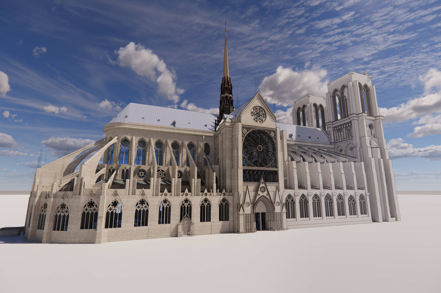Notre Dame 桌布 壁紙 — 巴黎聖母院的詳細3D渲染圖，擁有複雜的哥德式建築，在明亮的藍天和蓬鬆的雲朵下。