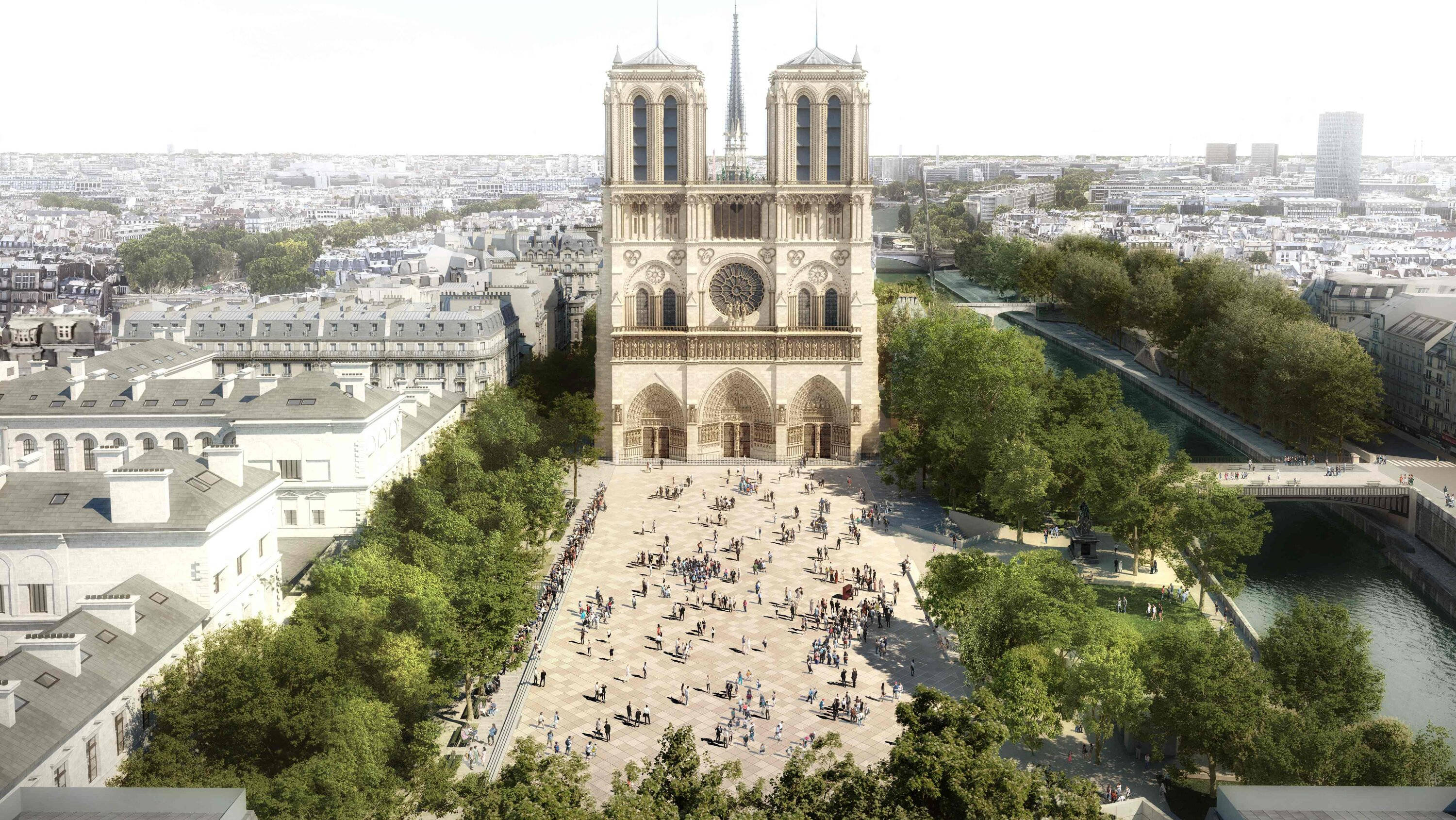 Notre Dame 桌布 壁紙 — 巴黎聖母院的鳥瞰圖，周圍環繞著綠樹和人群，在晴朗的日子裡。