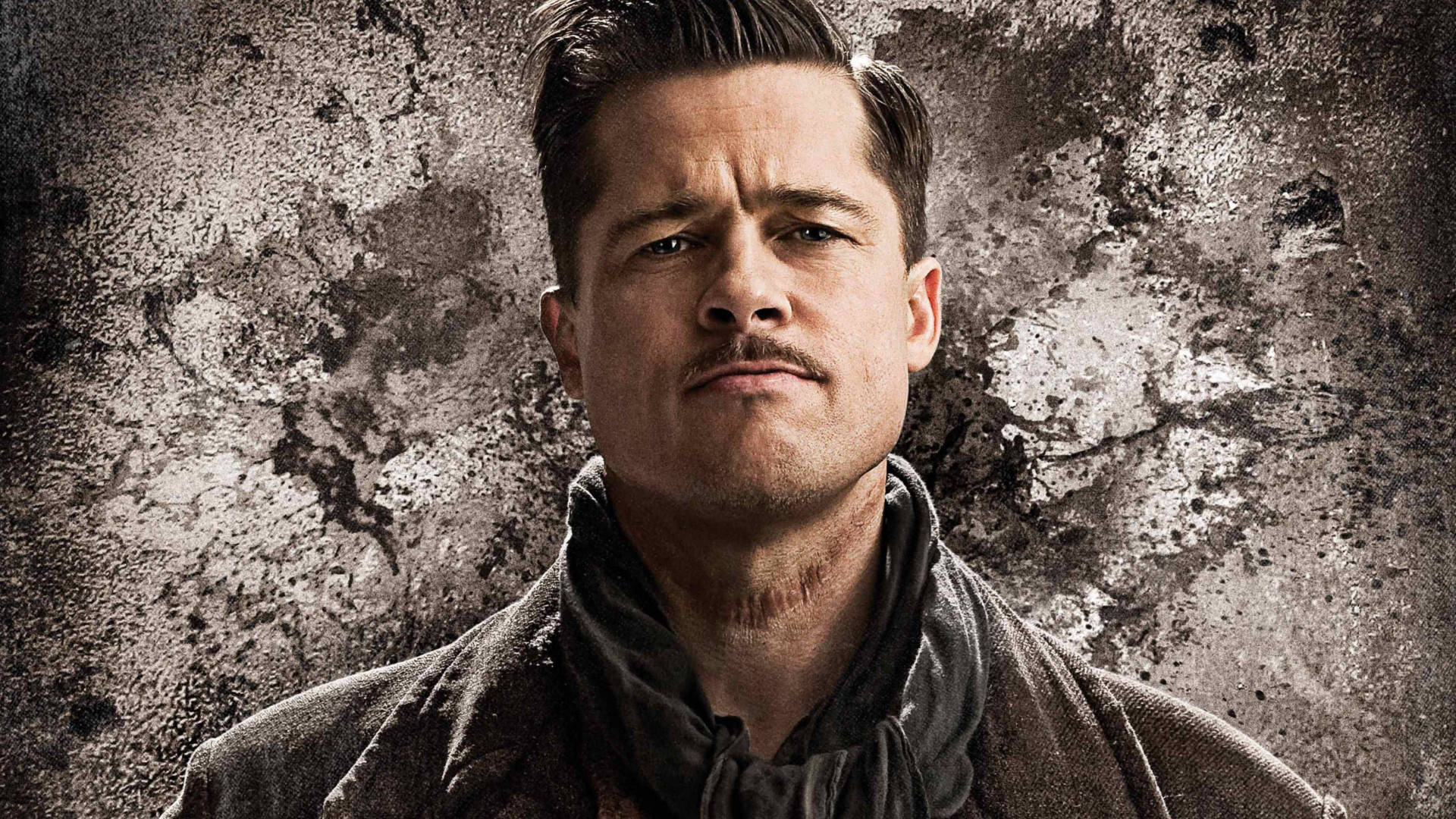 Inglourious Basterds 桌布 壁紙 — 布萊德彼特在粗獷的電影風格肖像中，凝視著風化的混凝土牆。