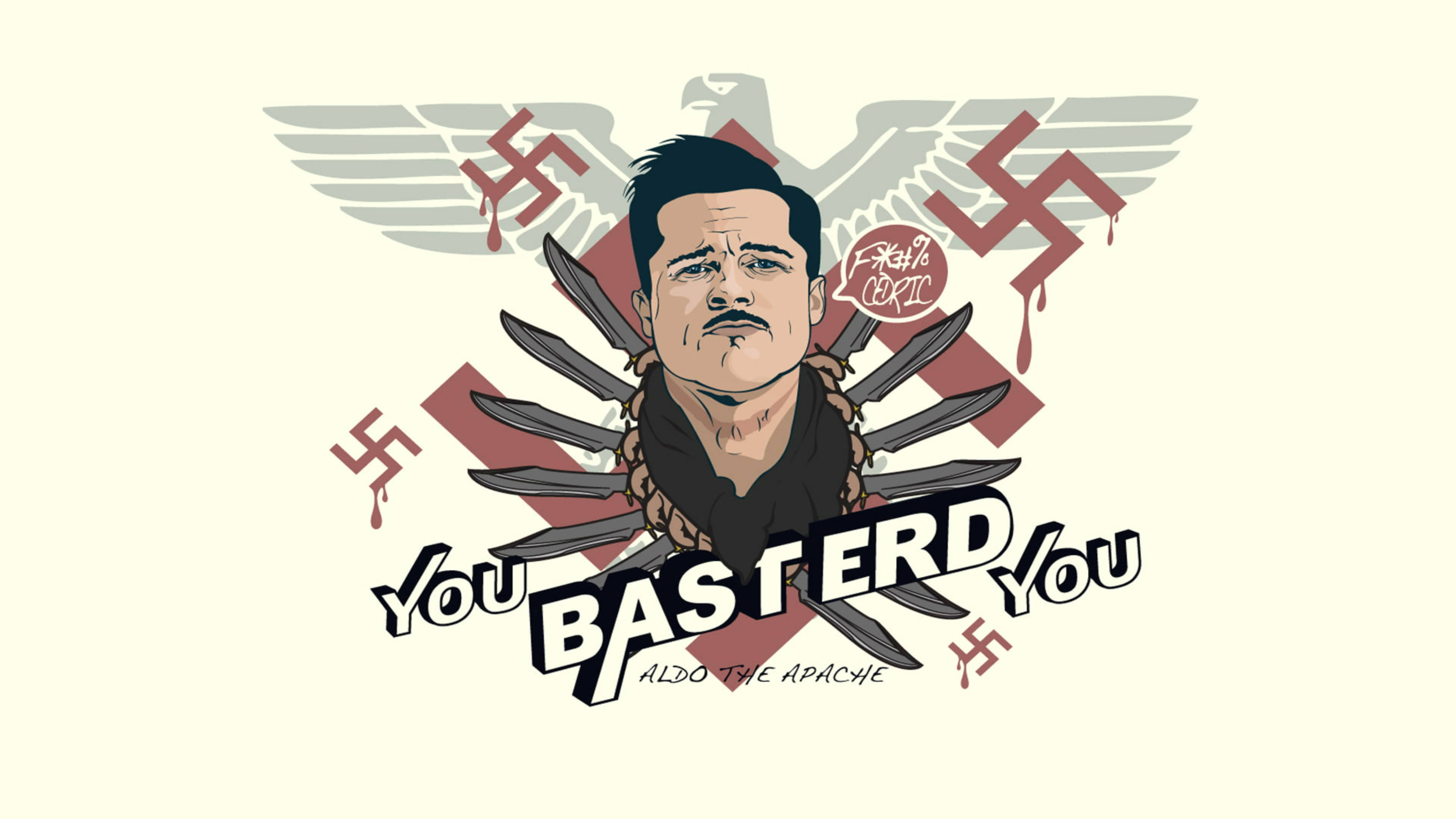 Inglourious Basterds 桌布 壁紙 — 布萊德彼特飾演阿爾多·阿帕奇的卡通插圖，周圍環繞著刀和卍字，滴著血。