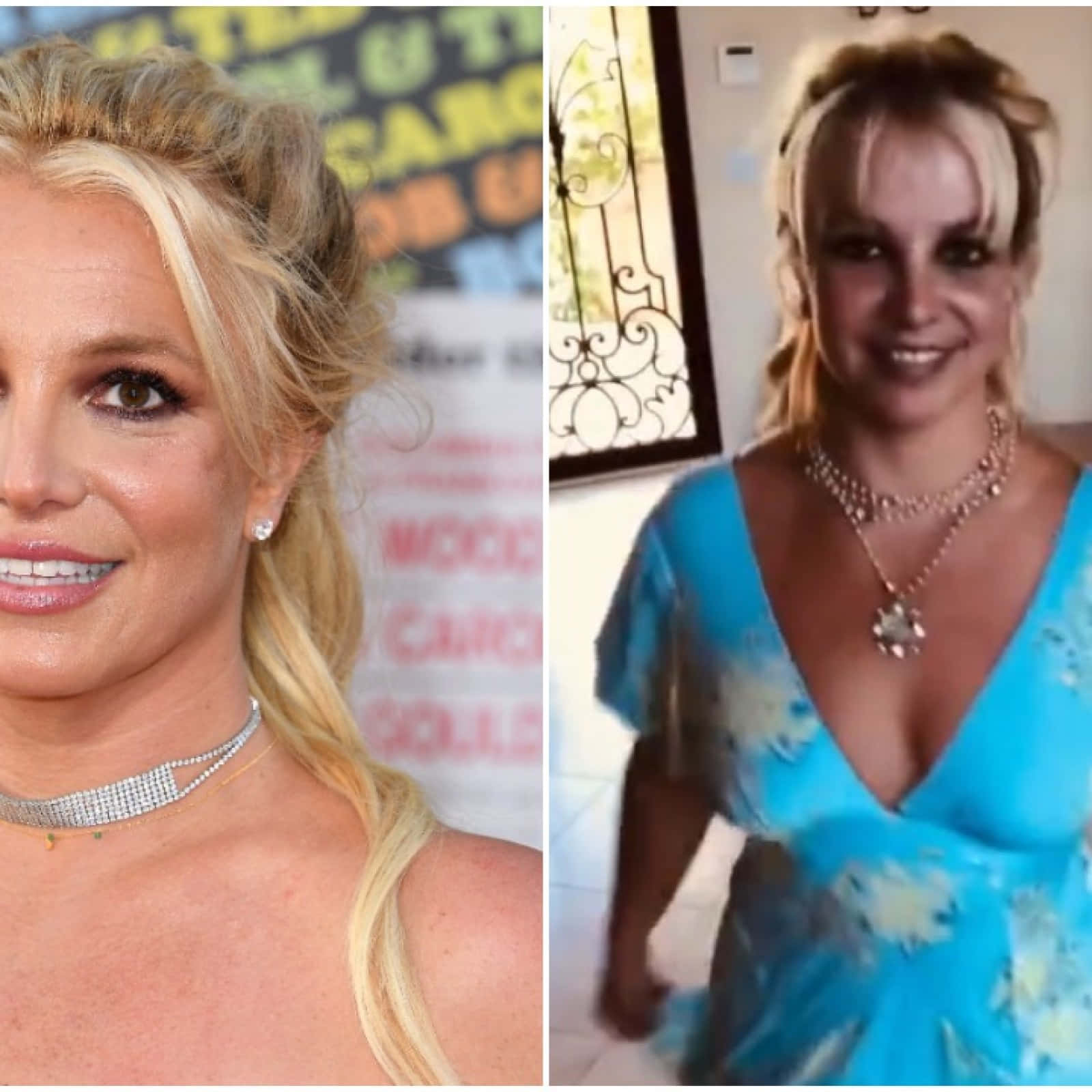 Britney Spears 桌布 壁紙 — 布蘭妮·斯皮爾斯的分割圖片：一邊是她出席活動時的華麗特寫，另一邊是她穿著藍色花卉連衣裙在室內微笑。
