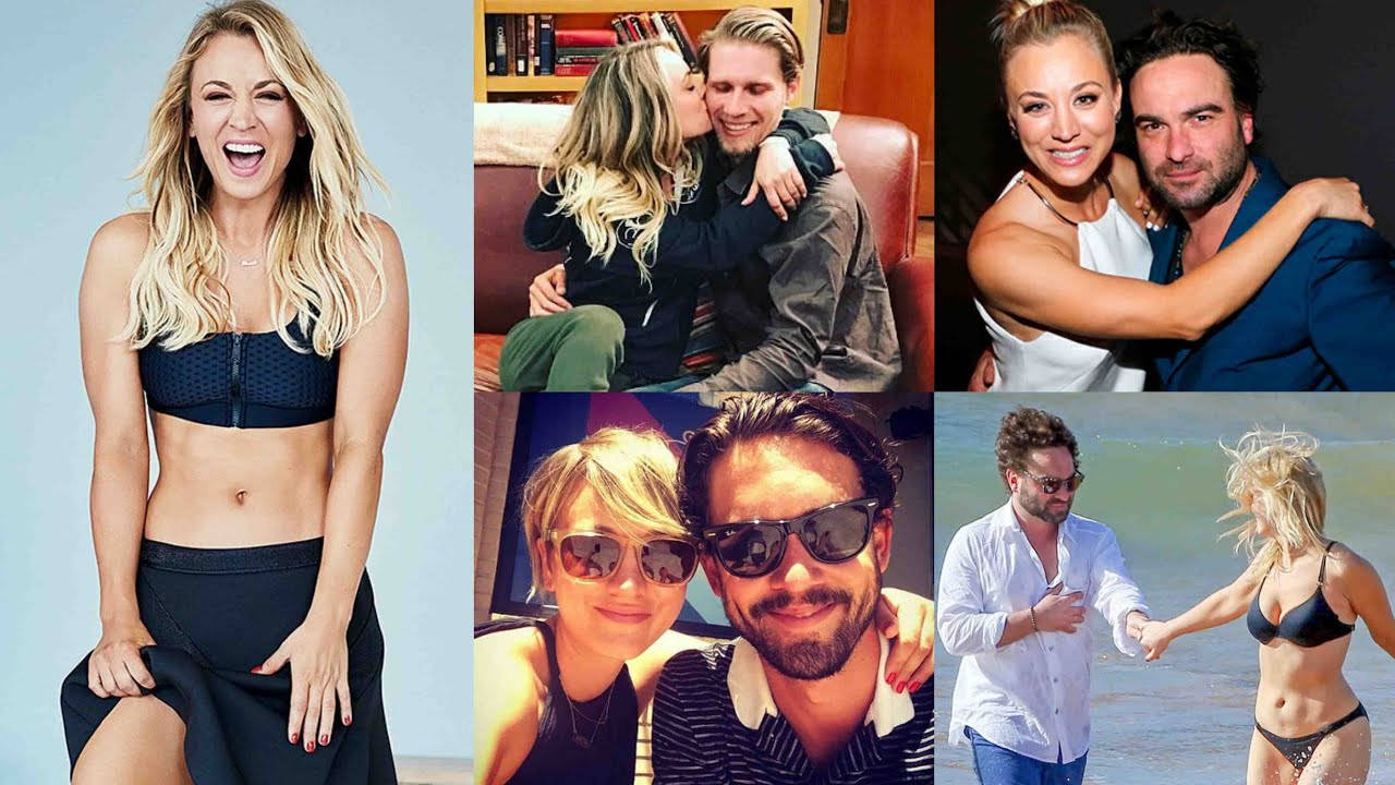 Kaley Cuoco 桌布 壁紙 — 布蘭妮·斯皮爾斯與不同男性在各種自然瞬間的拼貼畫，包括獨自大笑、擁抱和海灘場景。