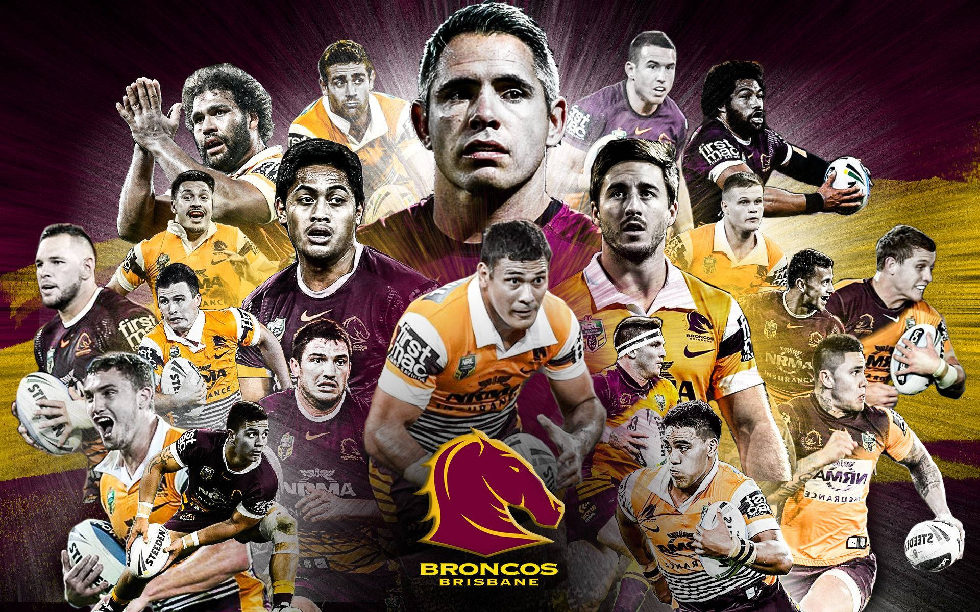 Nrl 桌布 壁紙 — 布里斯本野馬隊橄欖球聯賽球員在充滿活力的紫色和金色漸變背景上擺出動作姿勢的動態拼貼畫。