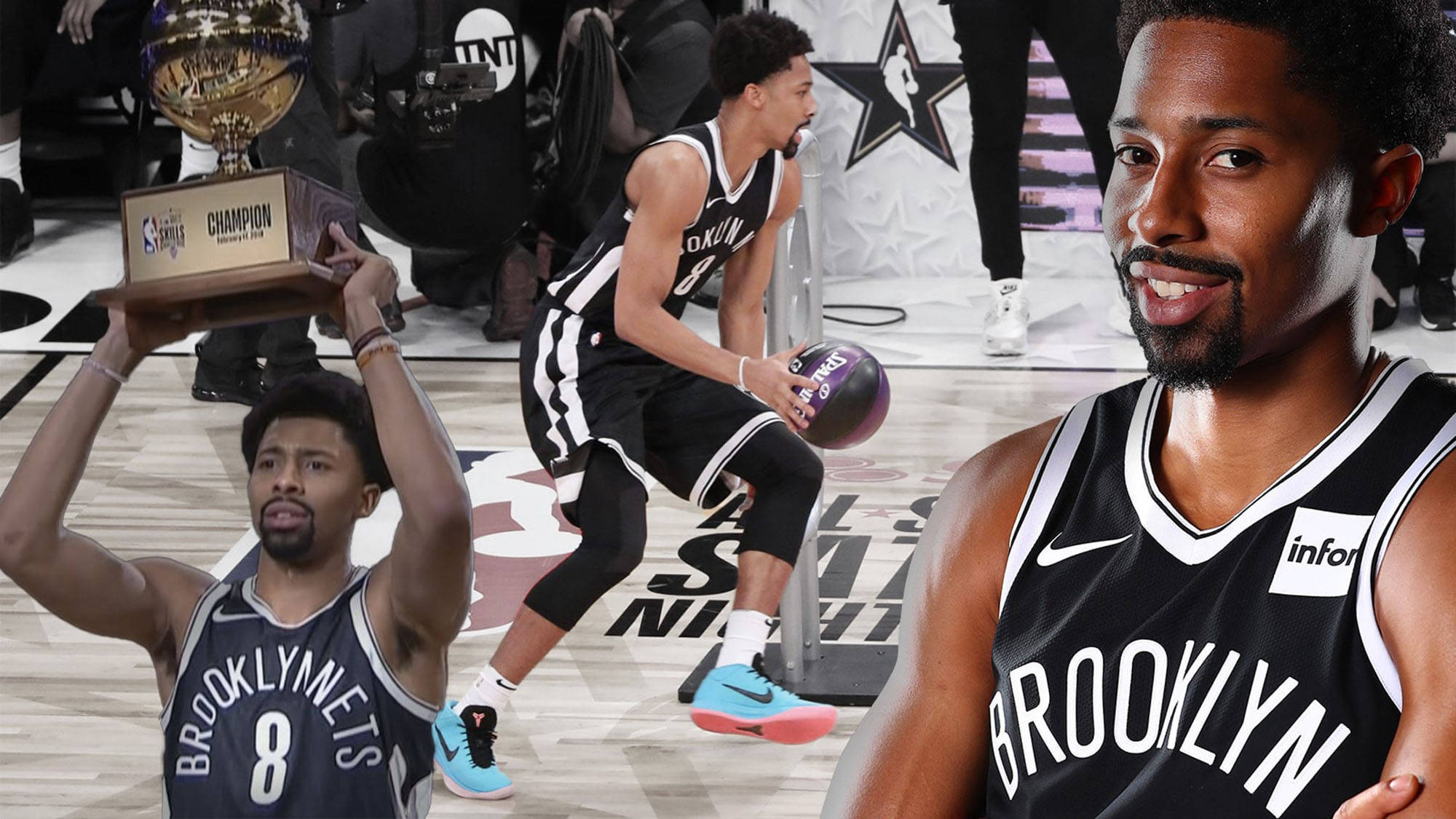 spencer dinwiddie 桌布 壁紙 — 布魯克林籃網球員在全明星之夜於球場上慶祝NBA總冠軍獎盃。