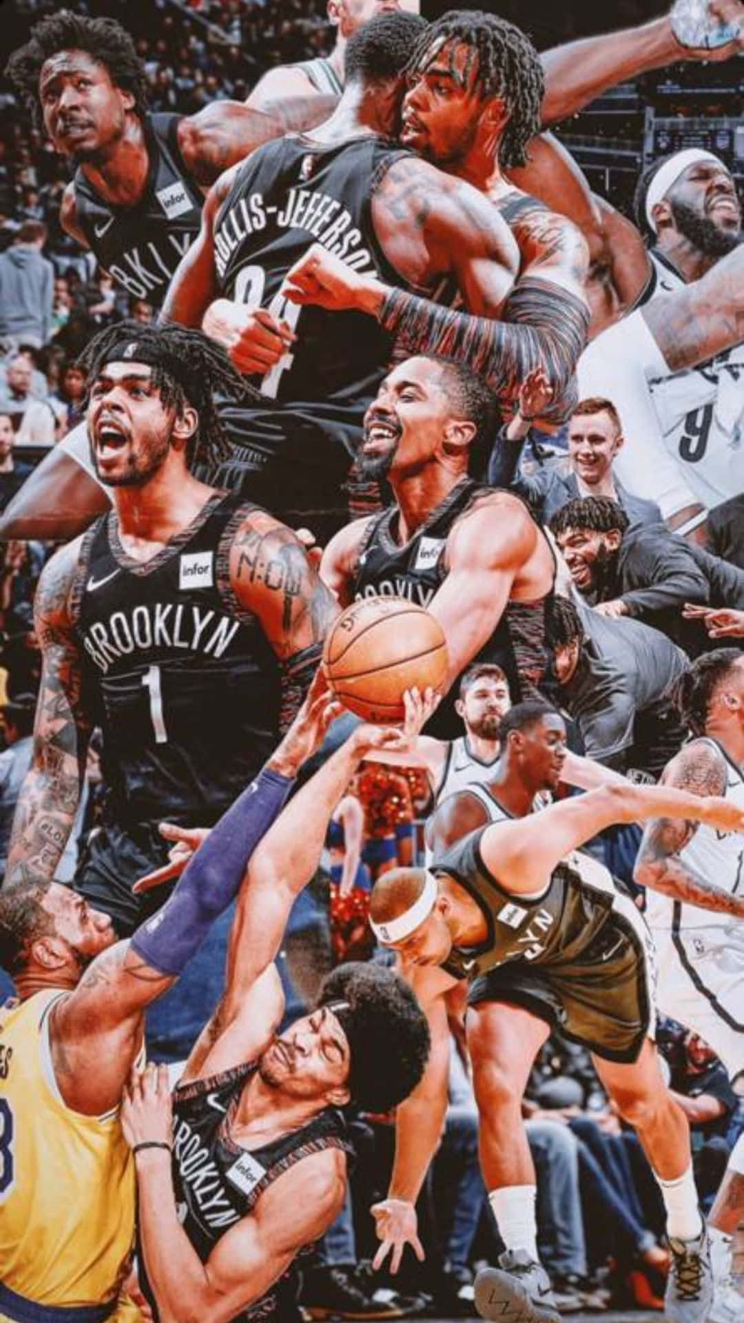 Brooklyn Nets 桌布 壁紙 — 布魯克林籃網籃球運動員在比賽中展現激烈表情和運動姿勢的動態拼貼畫。