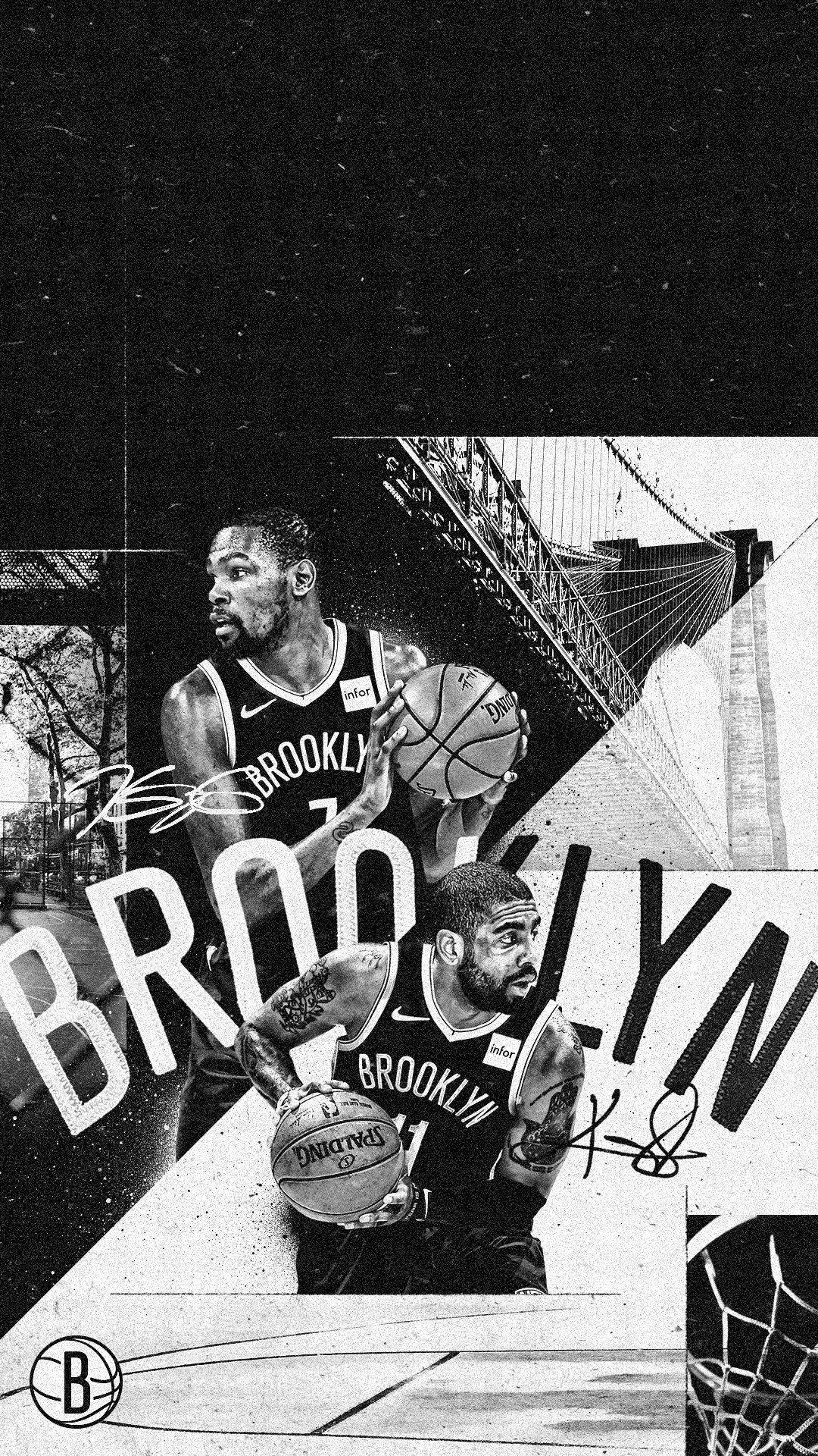 Brooklyn 桌布 壁紙 — 布魯克林籃網籃球運動員的黑白拼貼畫，疊加在橋樑和球場上，帶有粗體字體。