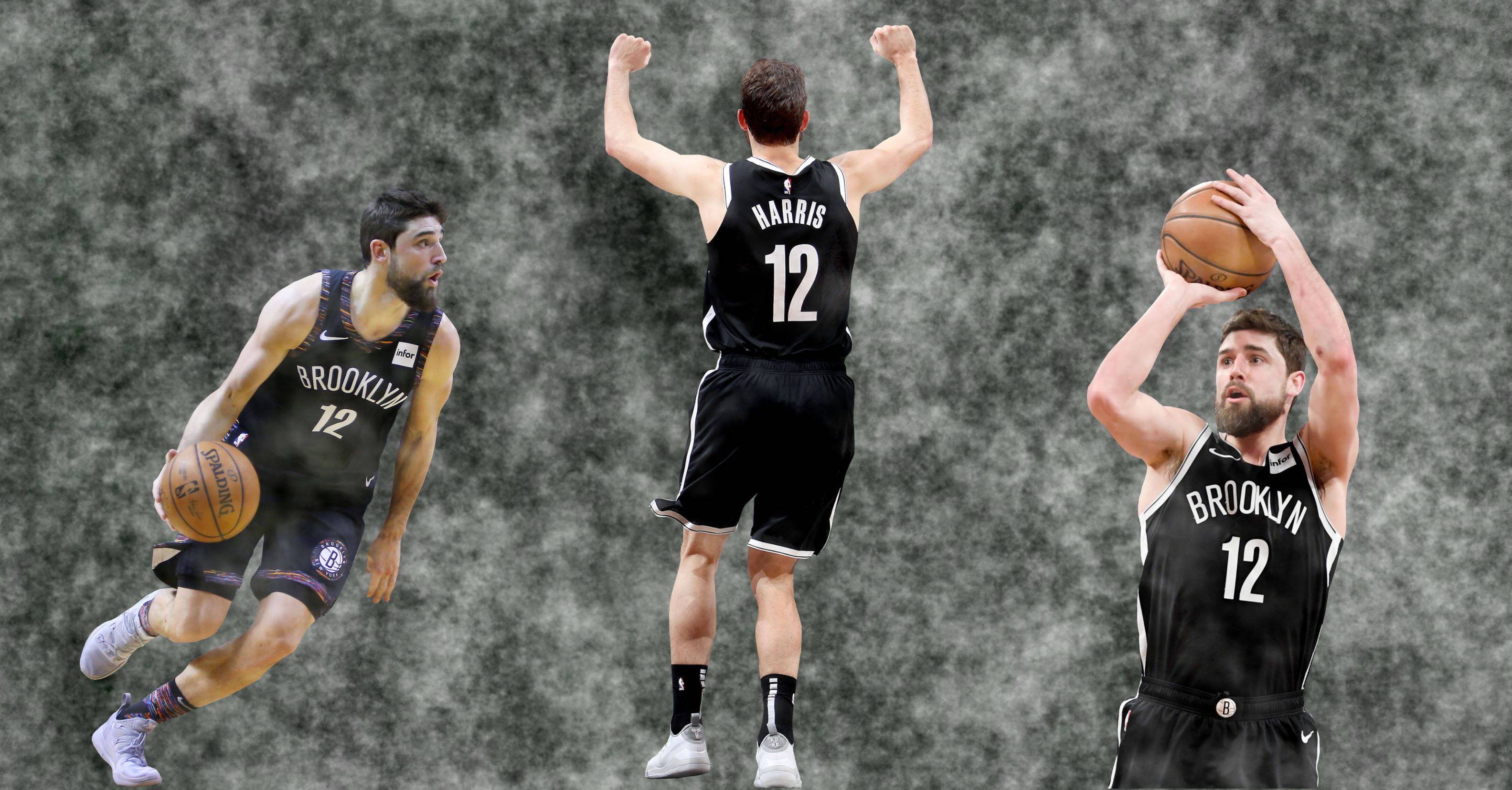 joe harris 桌布 壁紙 — 布魯克林籃網隊球員哈里斯（12號）在煙灰色背景前的三個動態姿勢。