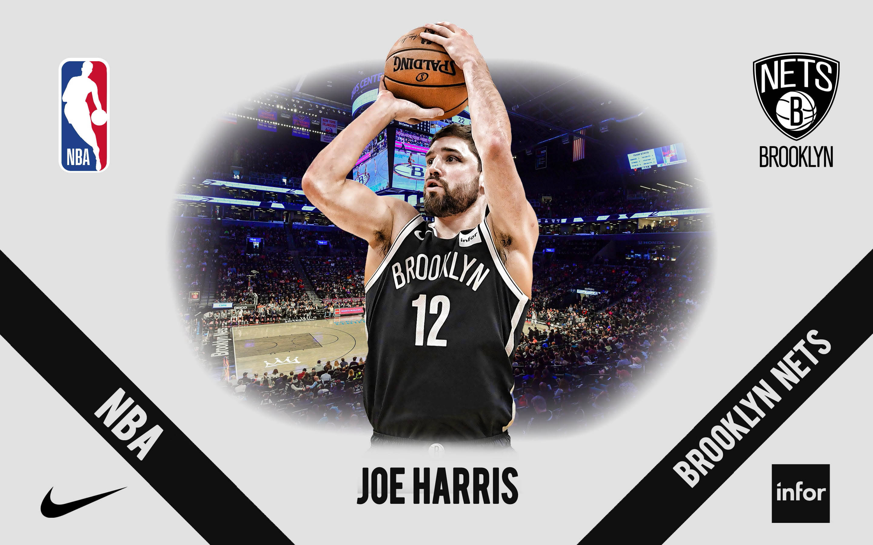 joe harris 桌布 壁紙 — 布魯克林籃網隊球員喬哈里斯身穿黑色球衣，在明亮的燈光下準備在擠滿觀眾的場館中投籃。