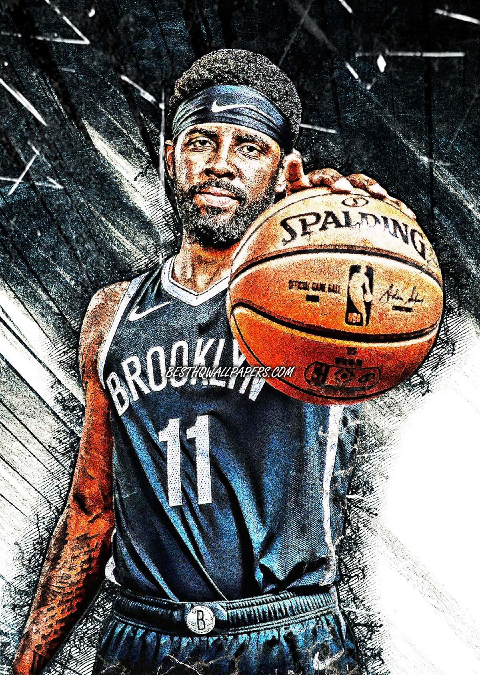 Kyrie Irving Cool 桌布 壁紙 — 布魯克林籃網隊籃球運動員的風格化數位肖像，手持斯伯丁球，背景為粗糙的黑白風格。