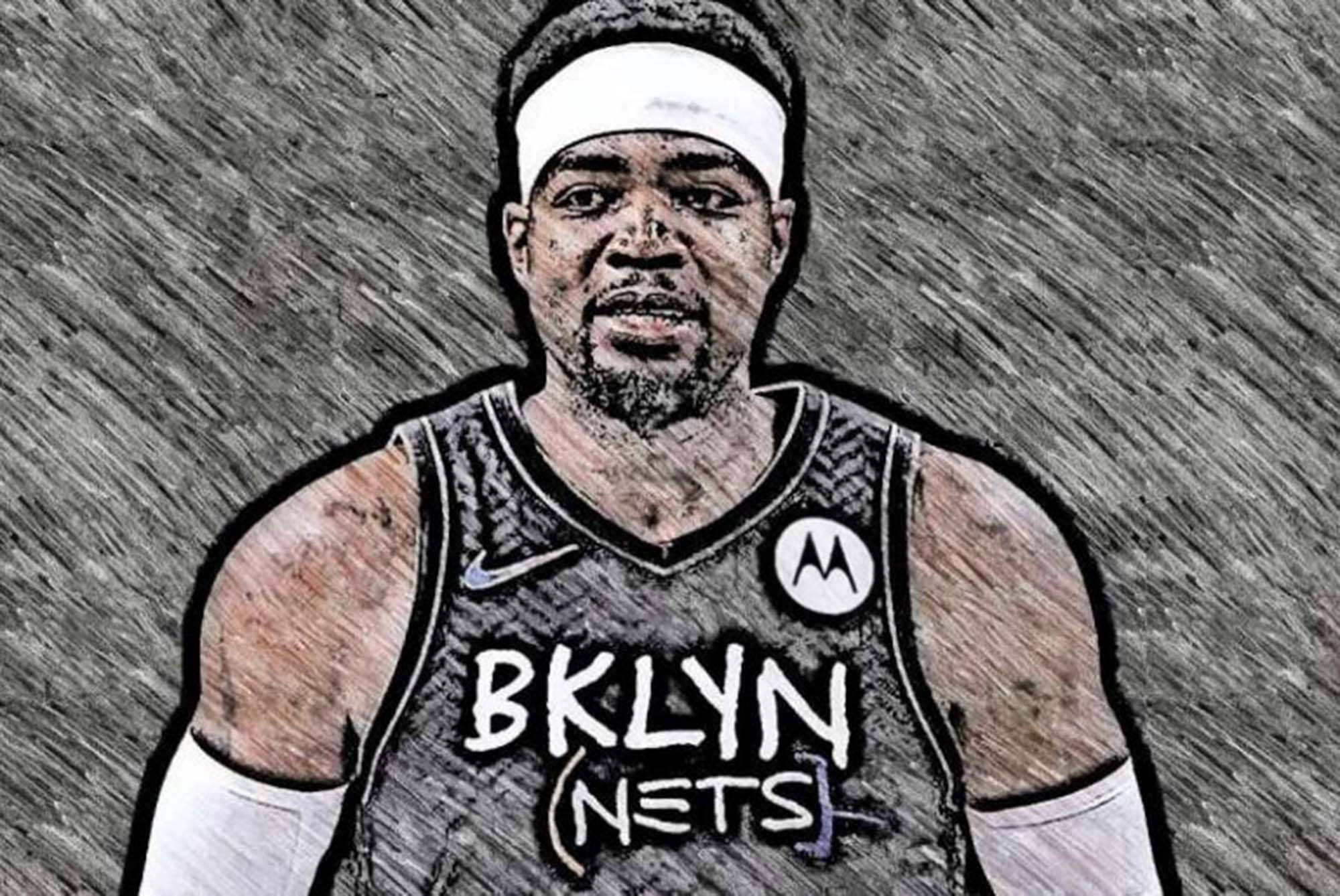 paul millsap 桌布 壁紙 — 布魯克林籃網隊籃球運動員的風格化數位藝術肖像，戴著頭帶和球衣，背景粗糙有紋理。