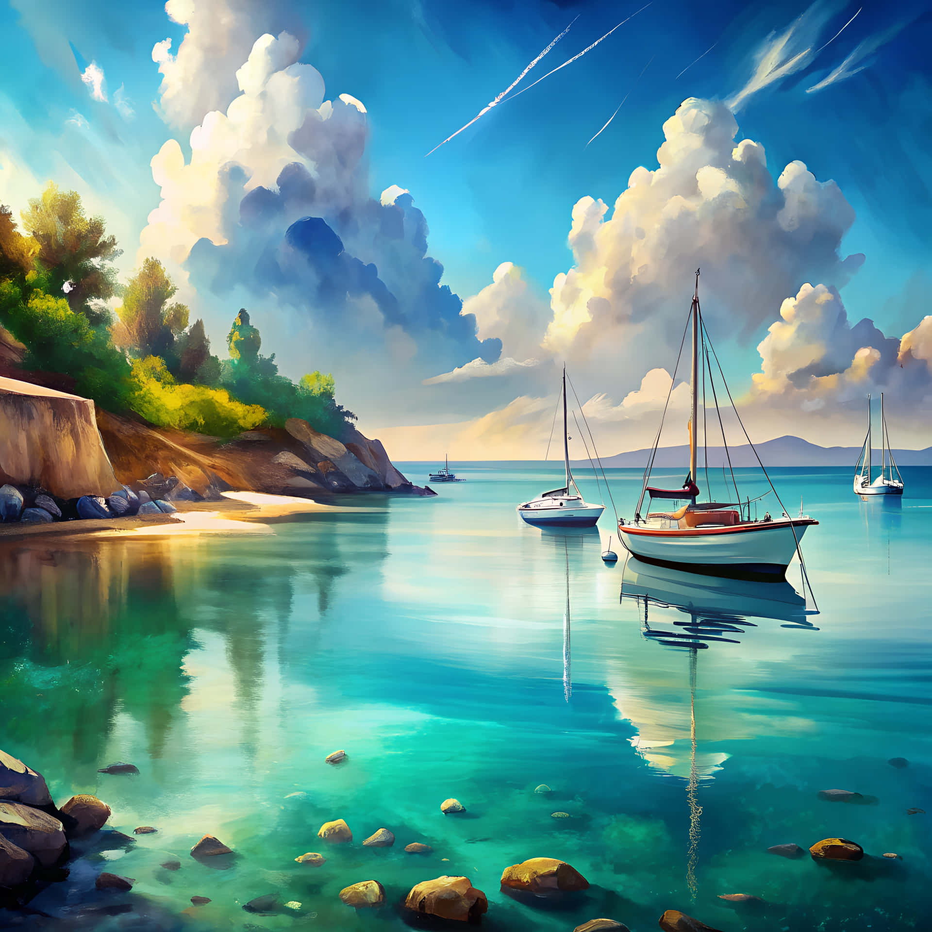 Seascape 壁紙 — 帆船在岩石海岸旁碧綠色的海水中平靜地停泊，天空戲劇性，雲朵蓬鬆。