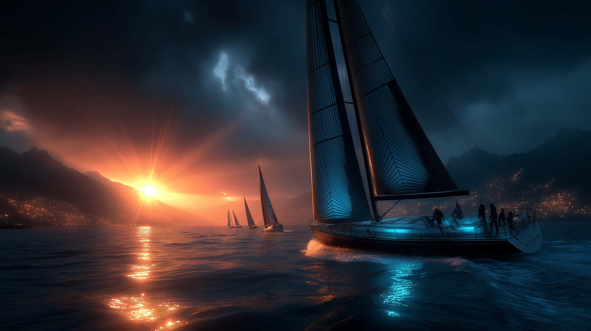 Sailboats Navigate Choppy Waters at Sunset in a Bay 壁紙 — 帆船在戲劇性的暮色海上滑行，熾熱的太陽落在多山的海岸後面。