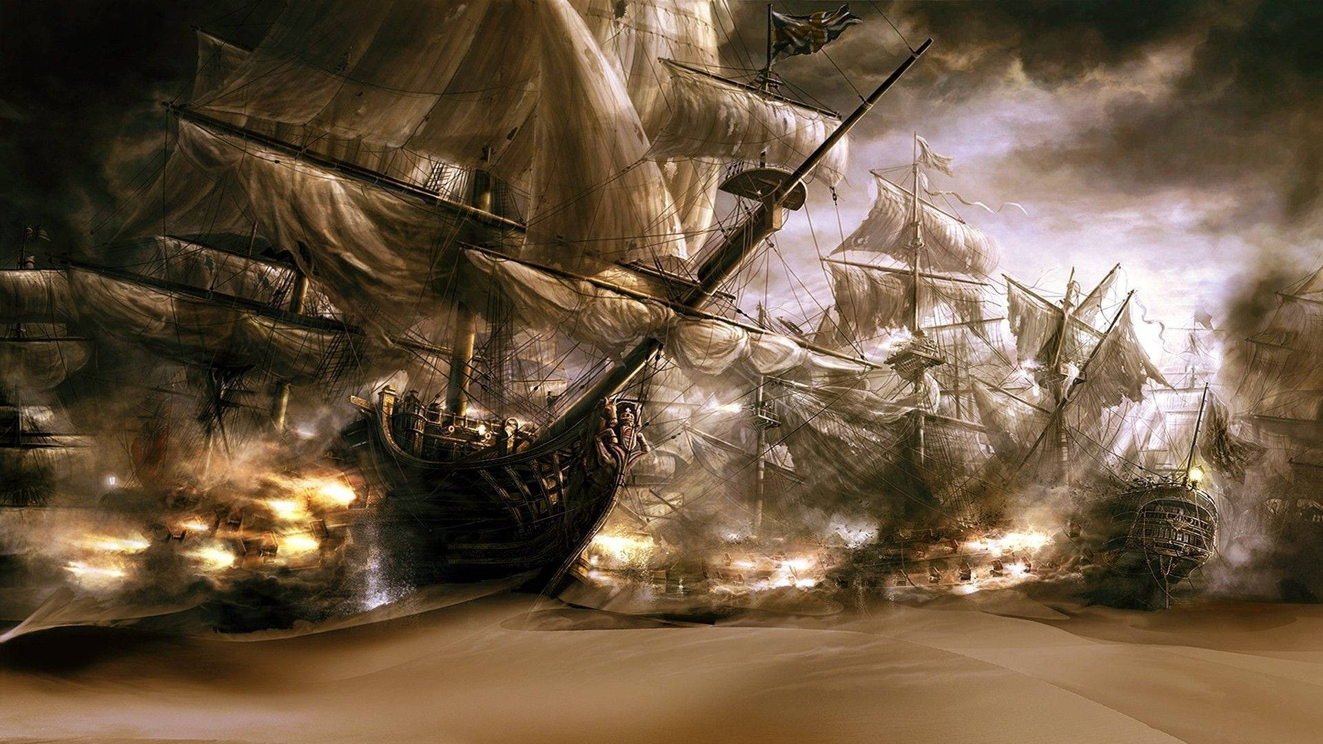 Ghost Ship 桌布 壁紙 — 帆船在暴風雨的天空下進行激烈的海戰，煙霧和火焰照亮了混亂的大海。