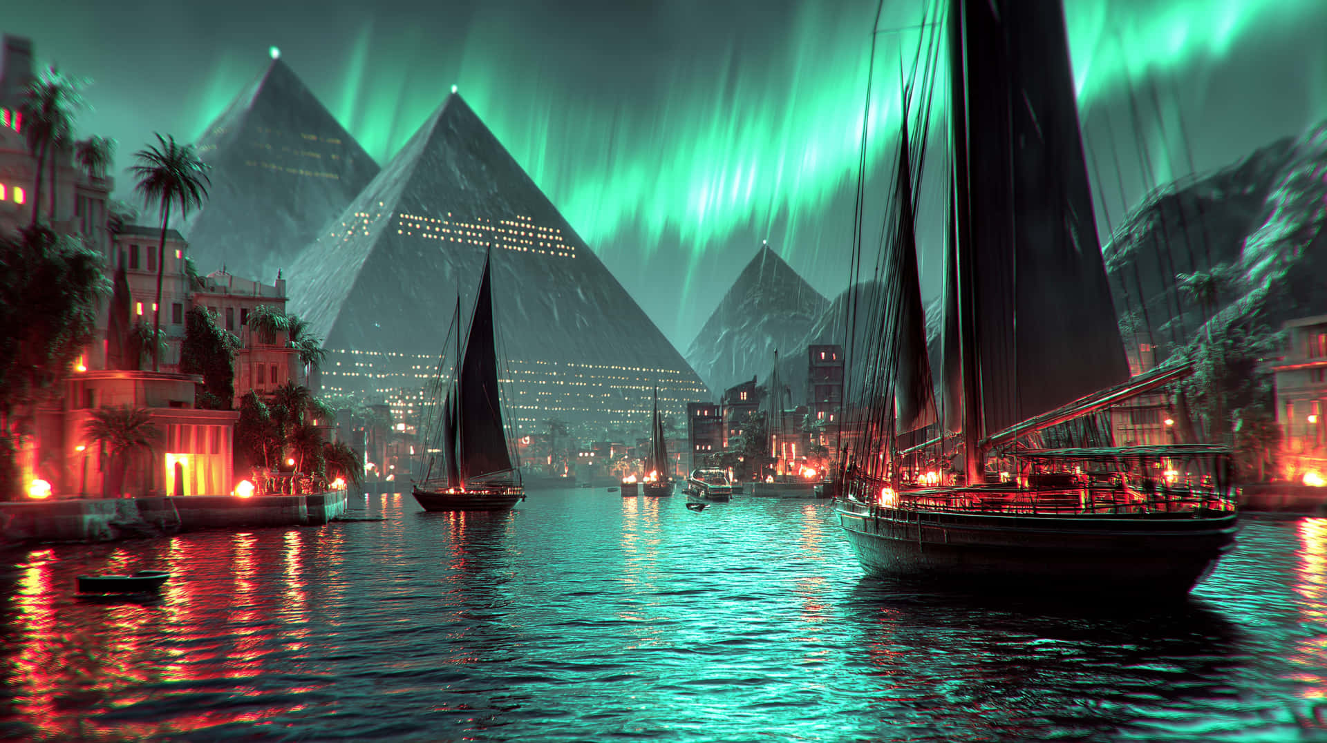 Mystical Bay with Luminous Structures and Aurora Borealis 壁紙 — 帆船在發光的綠色極光下滑行，古老金字塔倒映在霓虹燈照亮的水道中。