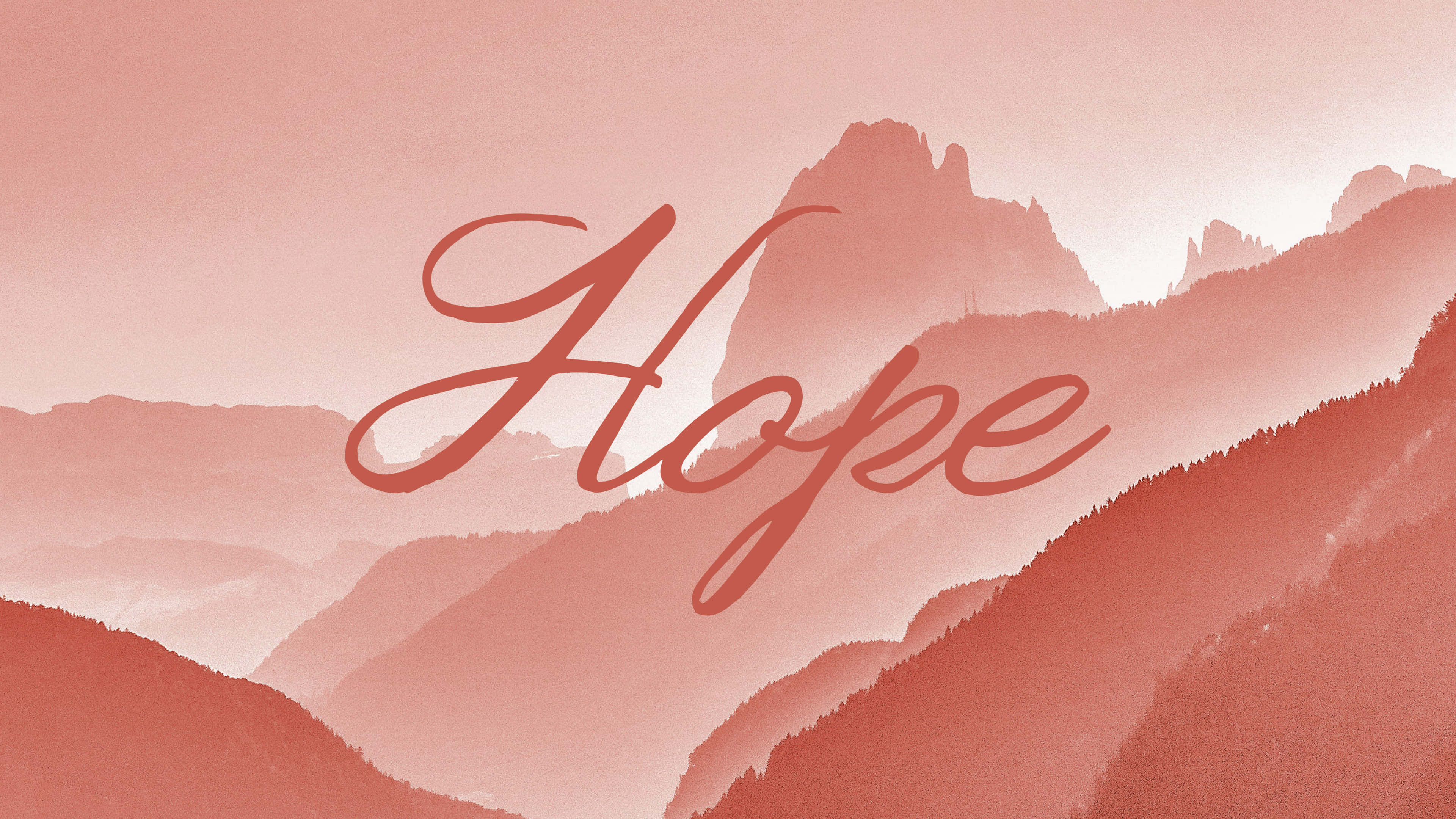 hope 桌布 壁紙 — 「希望」一詞以優雅草書漂浮在朦朧天空下柔和粉紅山巒剪影之上。