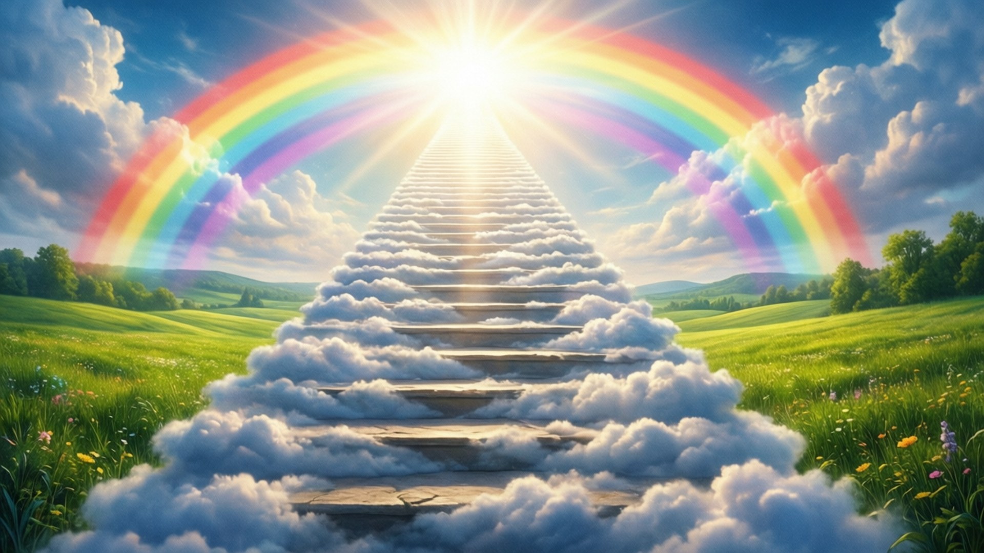 希望之階 壁紙 — 一道燦爛的彩虹拱起在石階梯上，階梯穿過蓬鬆的雲朵，通往一片翠綠田野中熾熱的太陽。