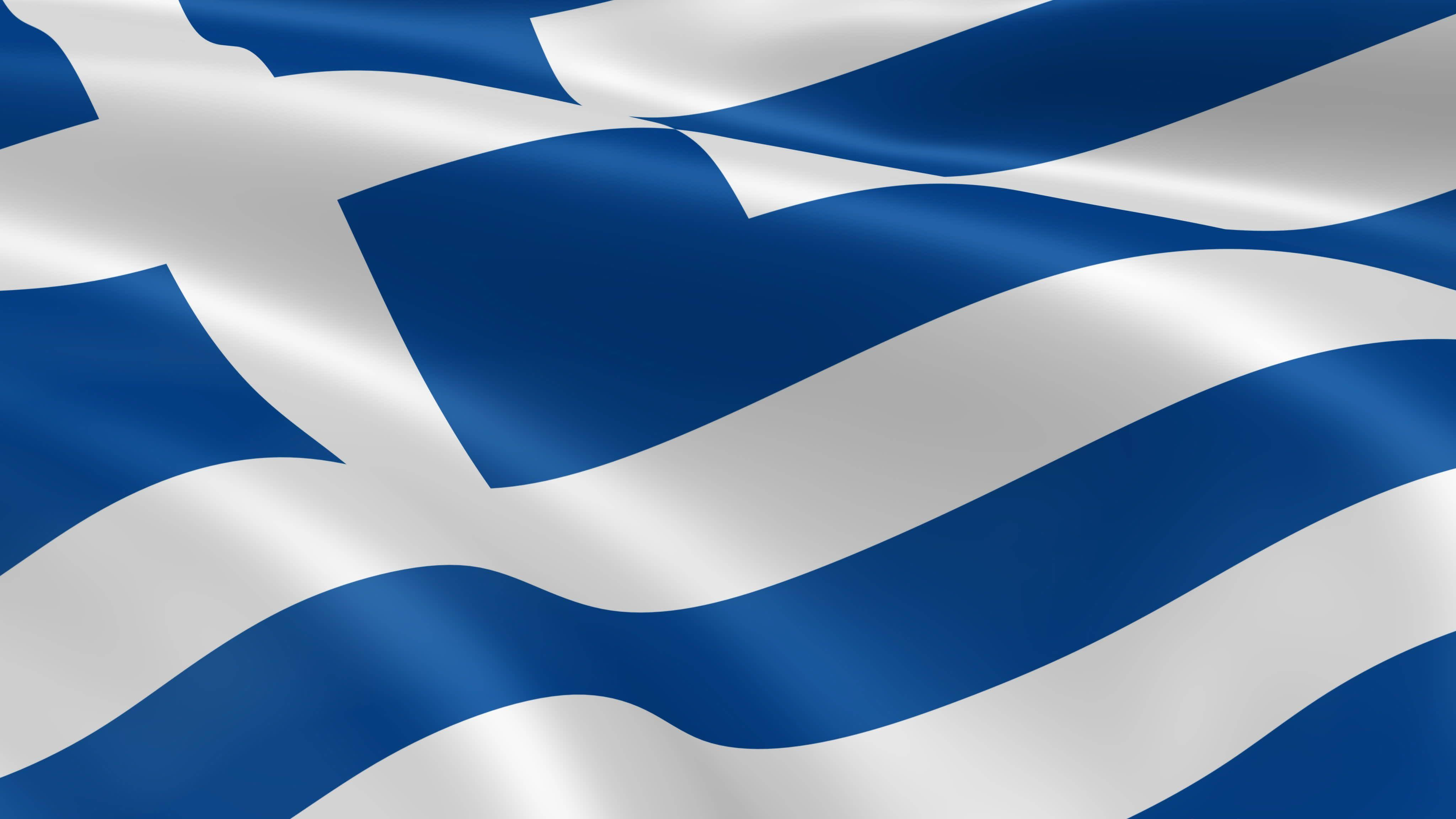 greek 桌布 壁紙 — 希臘國旗動態飄揚，深藍色和白色條紋，白色正方形上有藍色十字。