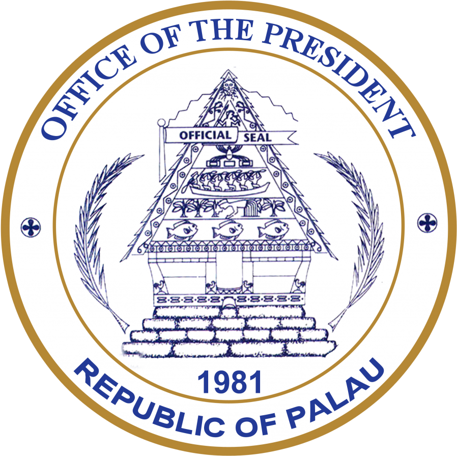 Palau 桌布 壁紙 — 帛琉總統官方印章，採用傳統金字塔結構，飾有藍色和金色的魚和棕櫚圖案。