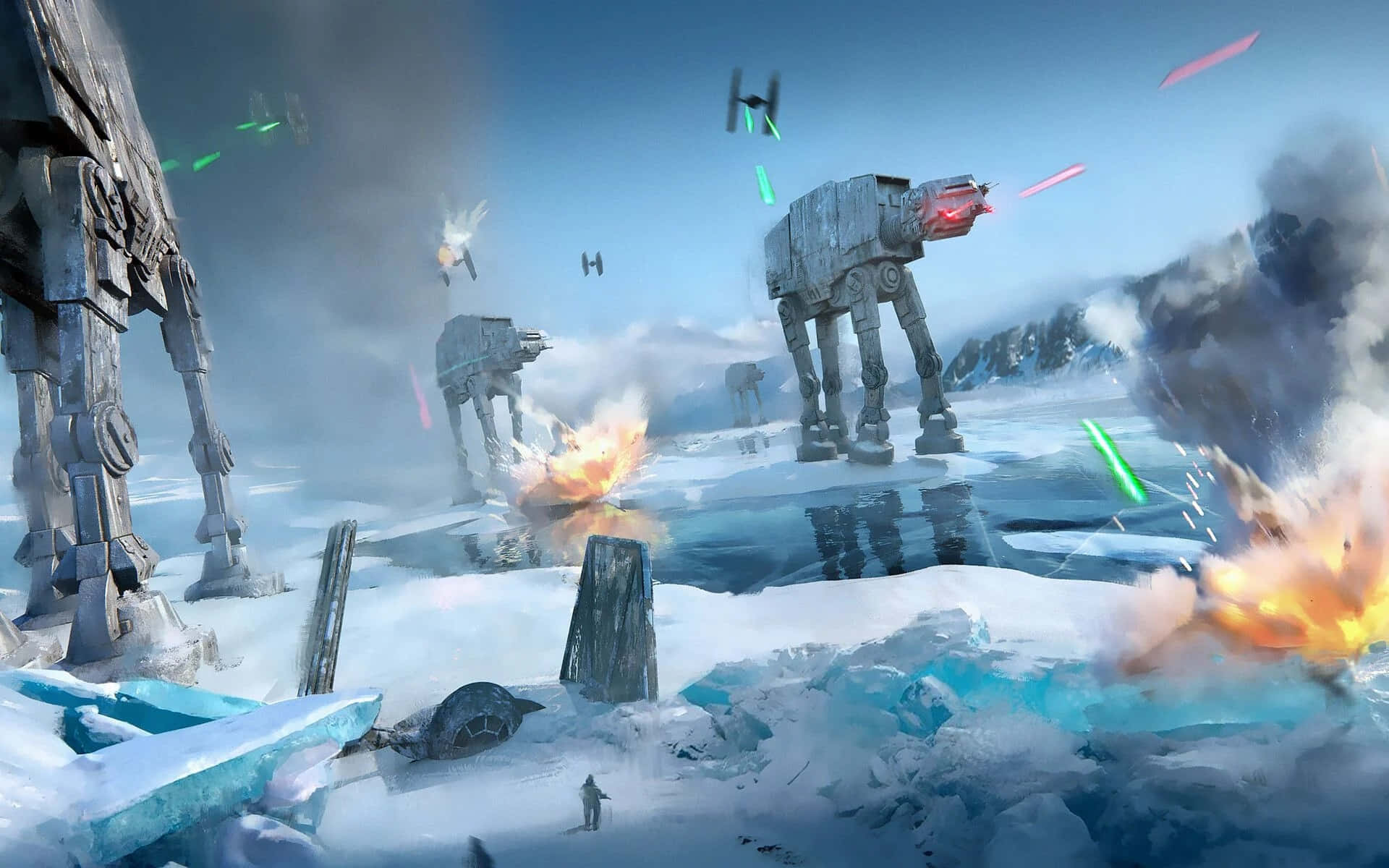 Battle Of Hoth 桌布 壁紙 — 帝國AT-AT步行機在冰凍地形上與星際戰鬥機交戰，爆炸和雷射火光照亮了冰封的戰場。