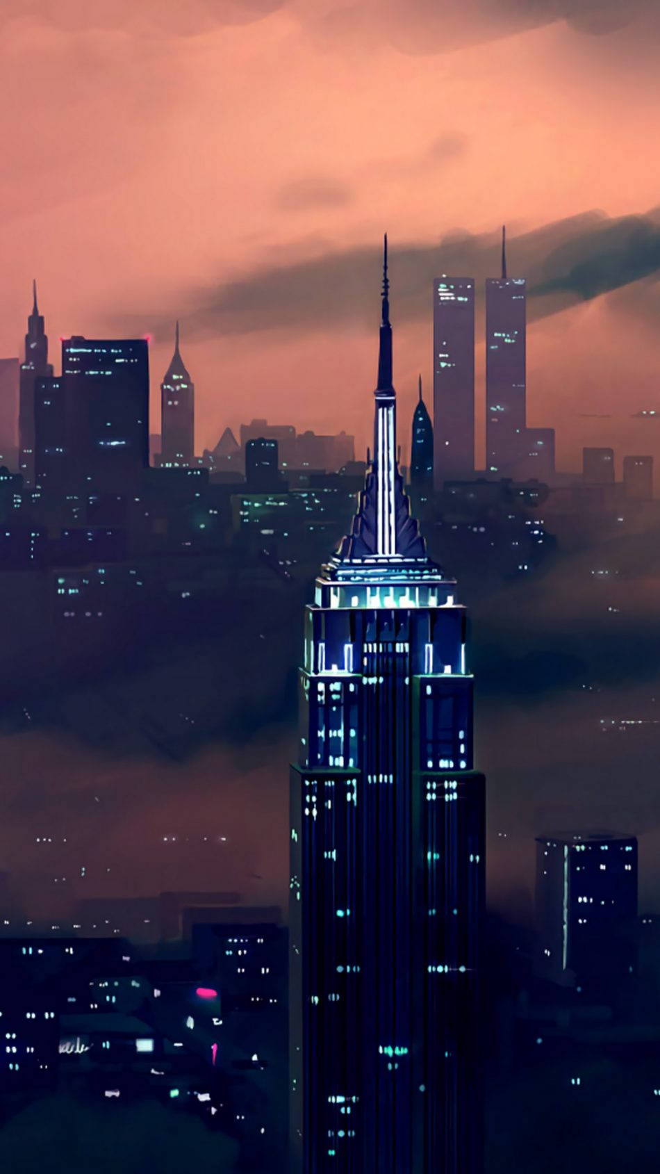 empire 桌布 壁紙 — 帝國大廈閃爍著藍色燈光，穿透迷霧般的雲層，映襯著火紅橙色的暮色天空。