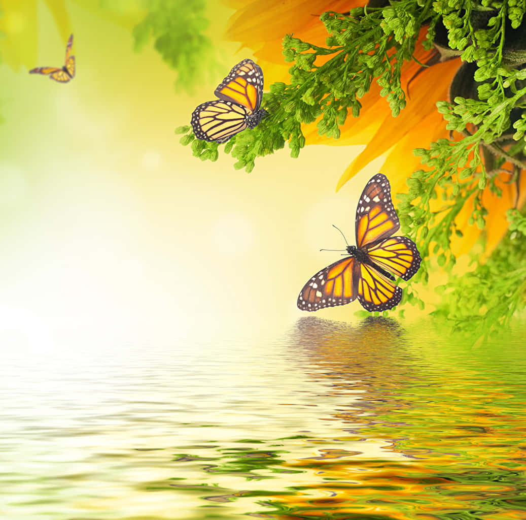 Monarch Butterfly 桌布 壁紙 — 帝王蝶在明亮的陽光下，在平靜且反射的池塘上方，靠近向日葵翩翩飛舞。