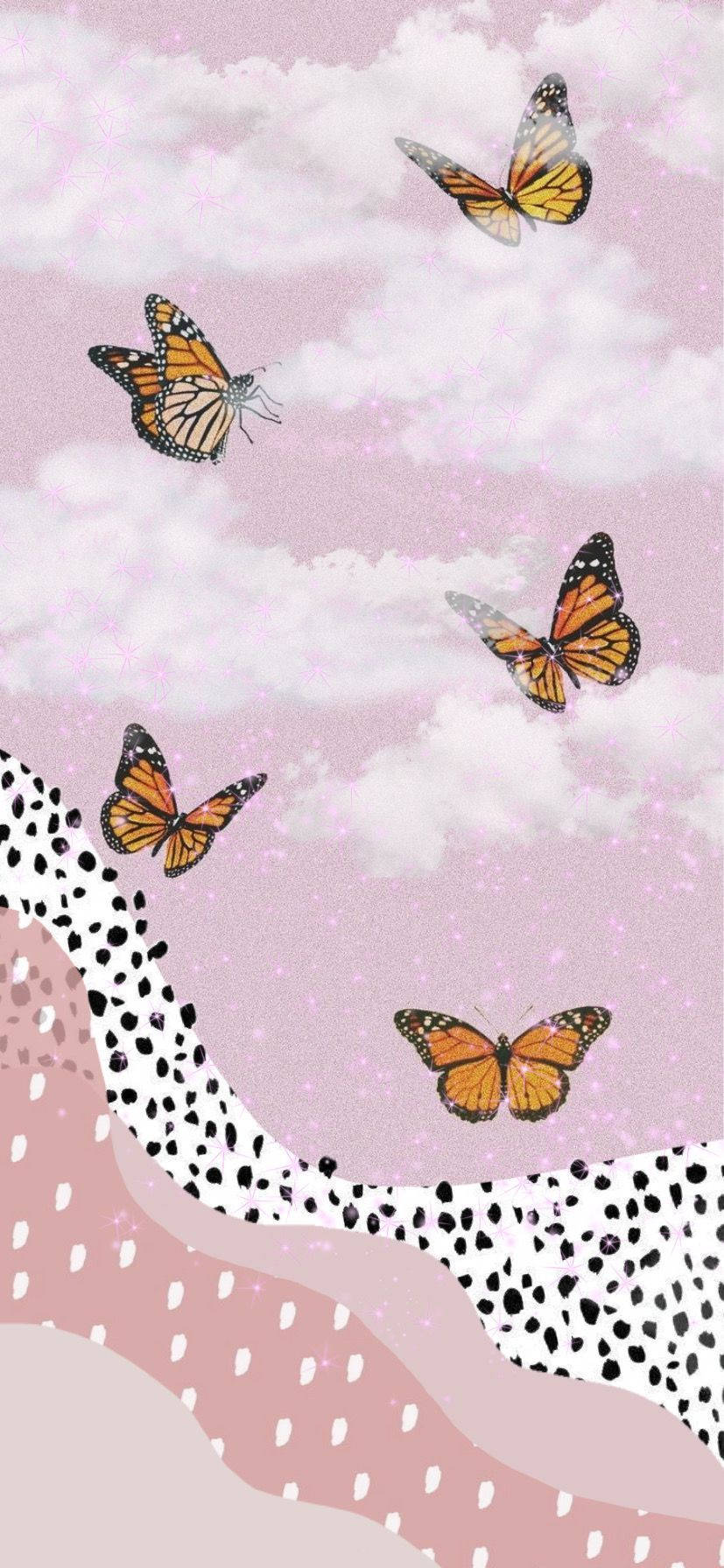蝴蝶在粉彩天空下，飛越粉紅色和黑色斑點的景觀。 — 蝴蝶美學 GIF 壁紙