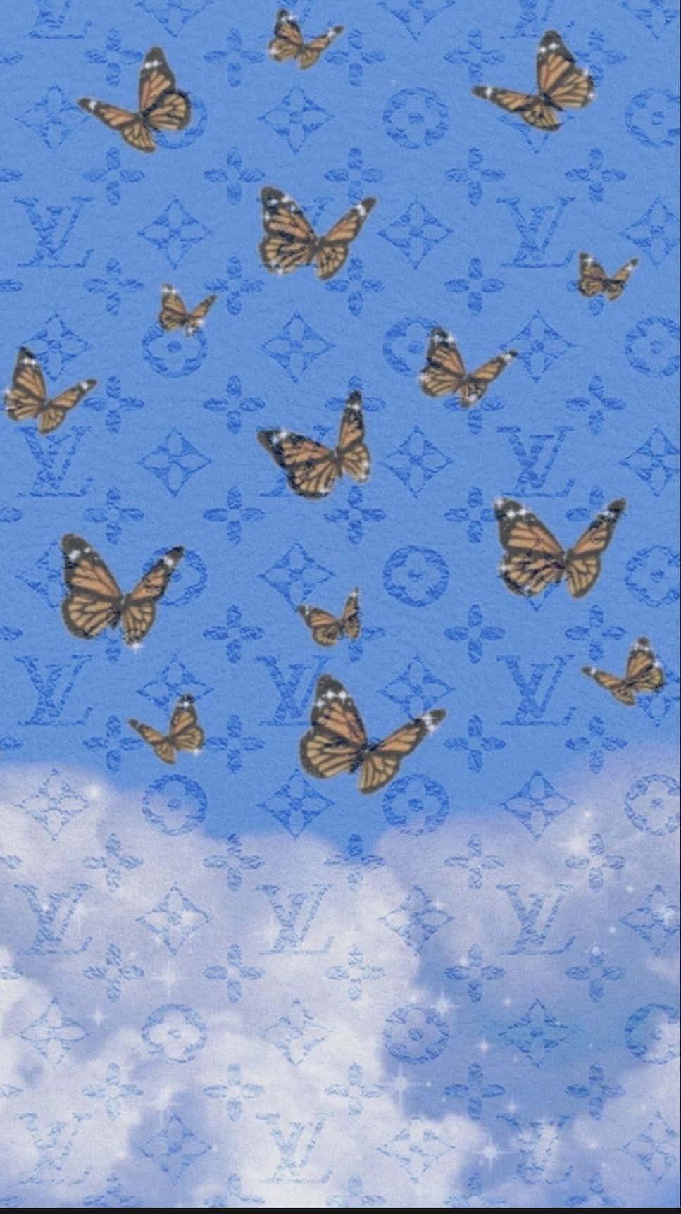 louis vuitton phone 桌布 壁紙 — 帝王蝶在藍天白雲和重複的 Louis Vuitton 字母圖案上飛舞。