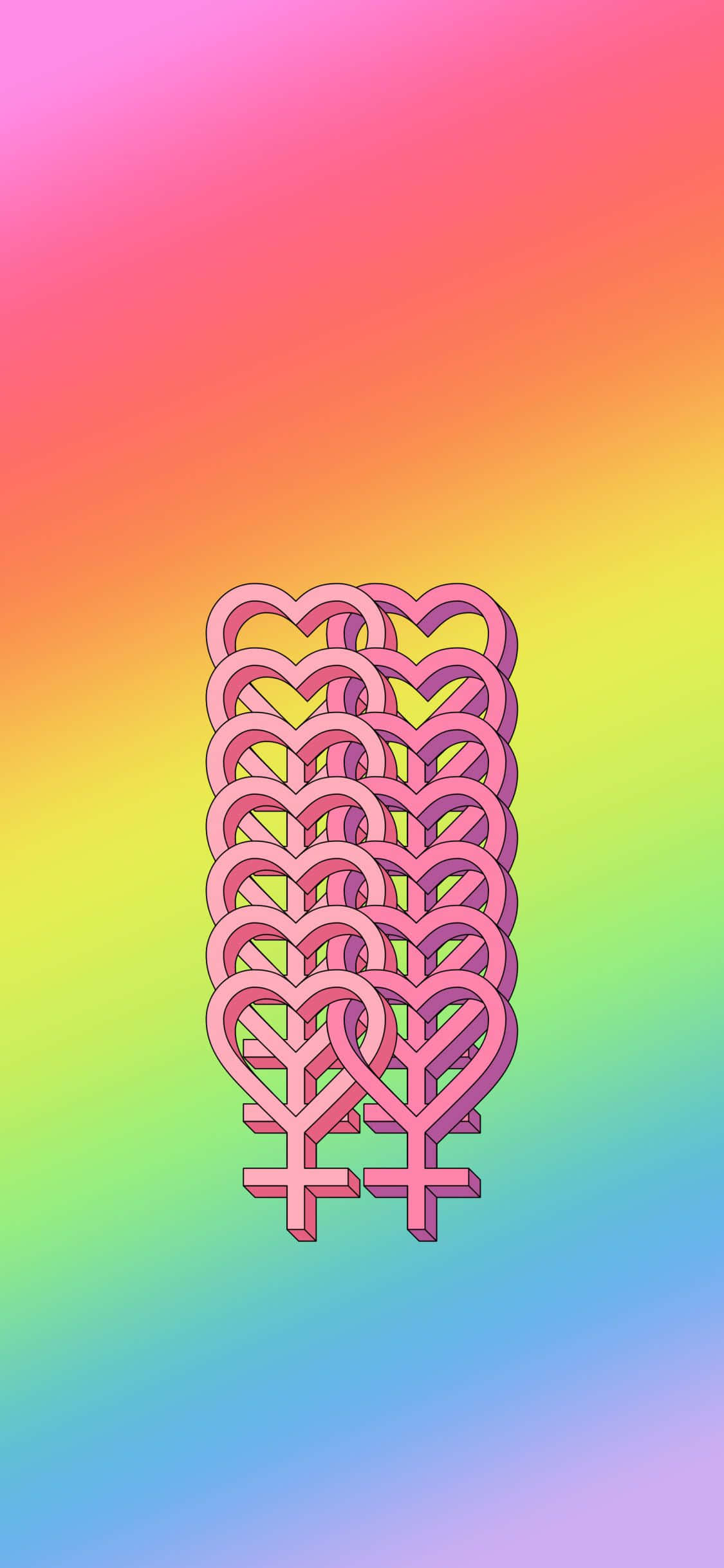 LGBT 桌布 壁紙 — 帶心形頂部的粉紅色女性符號堆疊在一起，漂浮在充滿活力的彩虹漸變背景上。