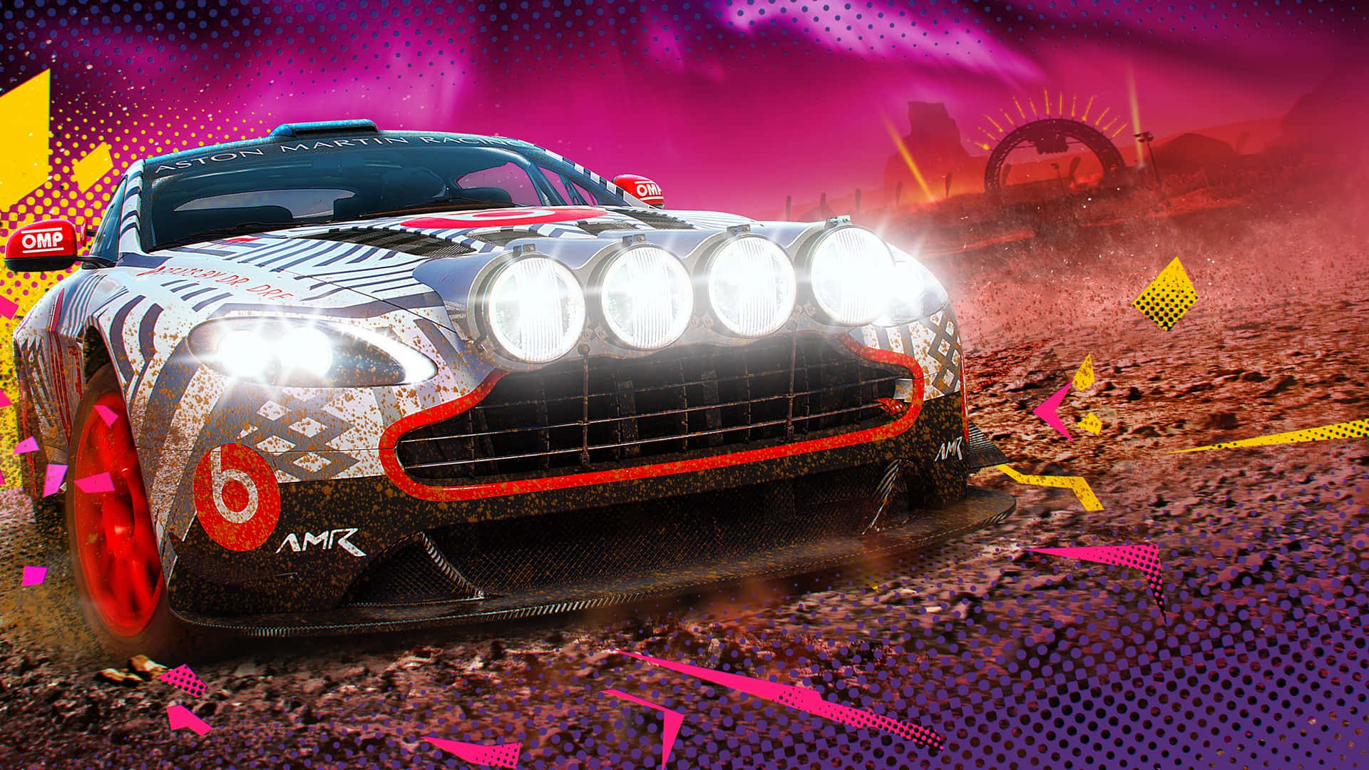 電玩遊戲 桌布 壁紙 — 帶有 Beats 標誌的 Aston Martin 賽車在充滿活力的粉紅色和紫色天空下，穿越超現實的沙漠。
